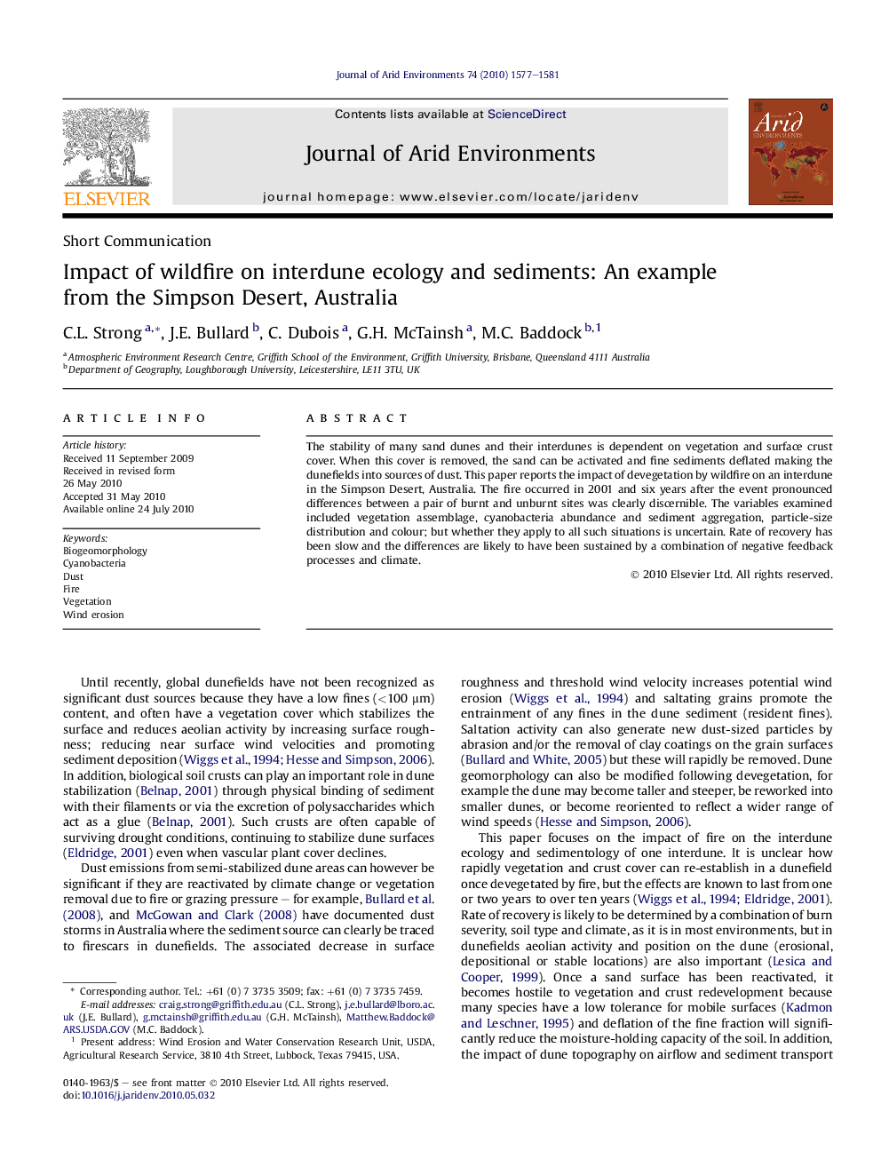 Impact of wildfire on interdune ecology and sediments: An example from the Simpson Desert, Australia