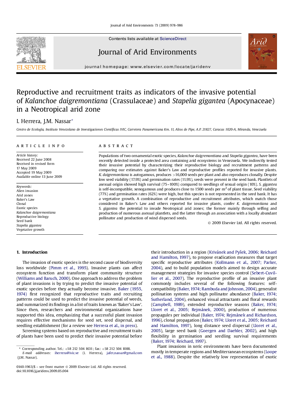 Reproductive and recruitment traits as indicators of the invasive potential of Kalanchoe daigremontiana (Crassulaceae) and Stapelia gigantea (Apocynaceae) in a Neotropical arid zone