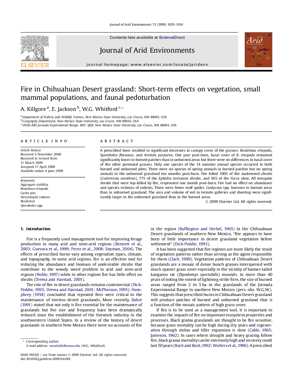 Fire in Chihuahuan Desert grassland: Short-term effects on vegetation, small mammal populations, and faunal pedoturbation