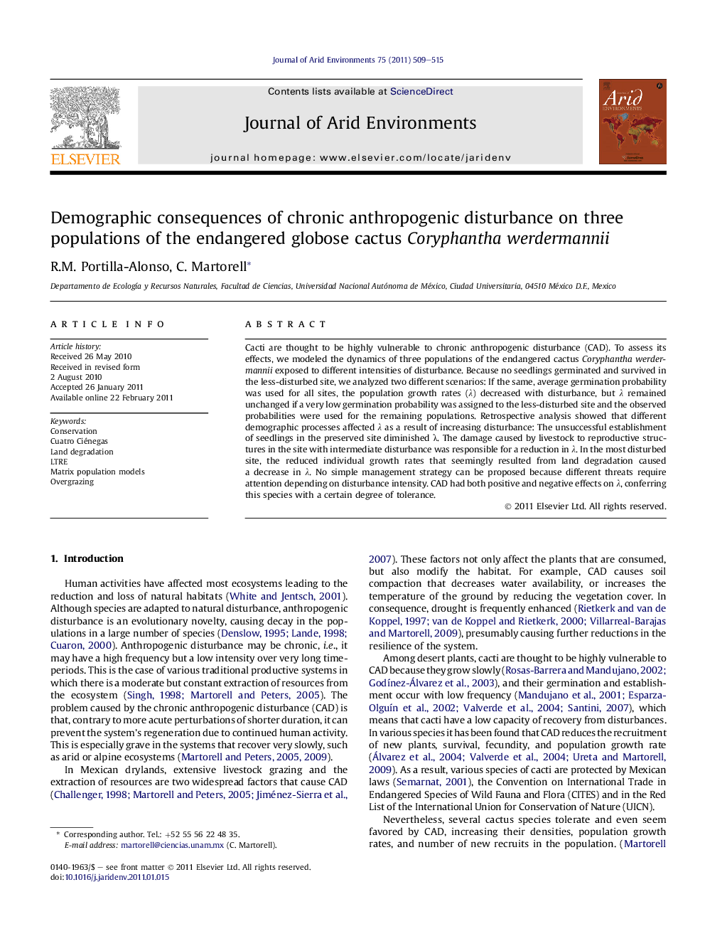 Demographic consequences of chronic anthropogenic disturbance on three populations of the endangered globose cactus Coryphantha werdermannii