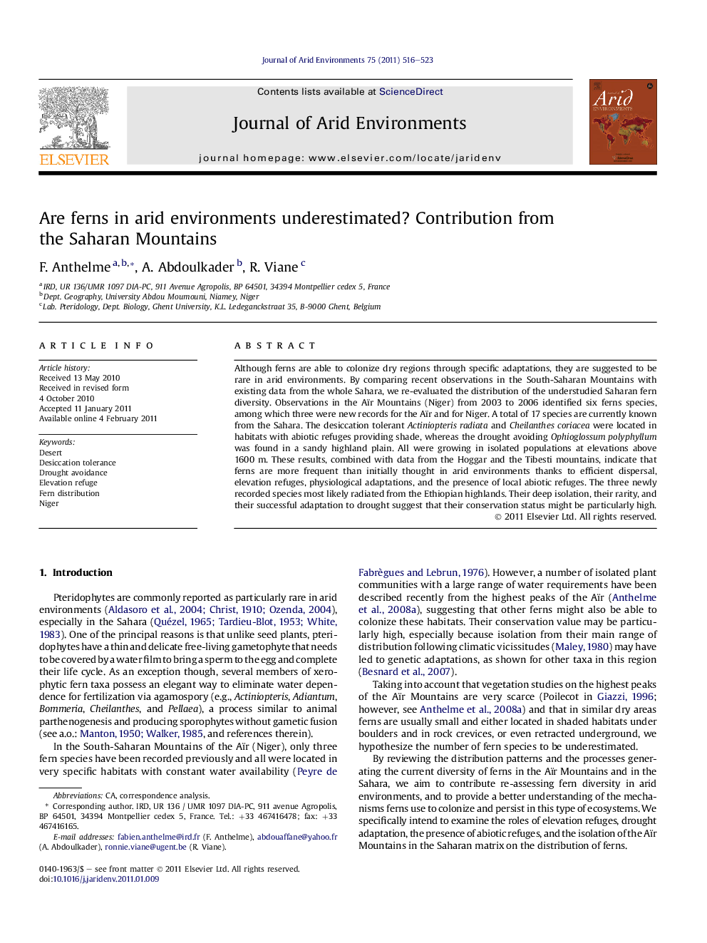 Are ferns in arid environments underestimated? Contribution from the Saharan Mountains