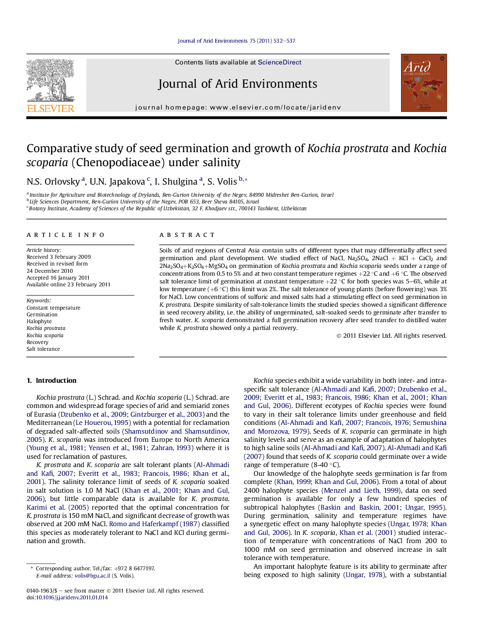 Comparative study of seed germination and growth of Kochia prostrata and Kochia scoparia (Chenopodiaceae) under salinity
