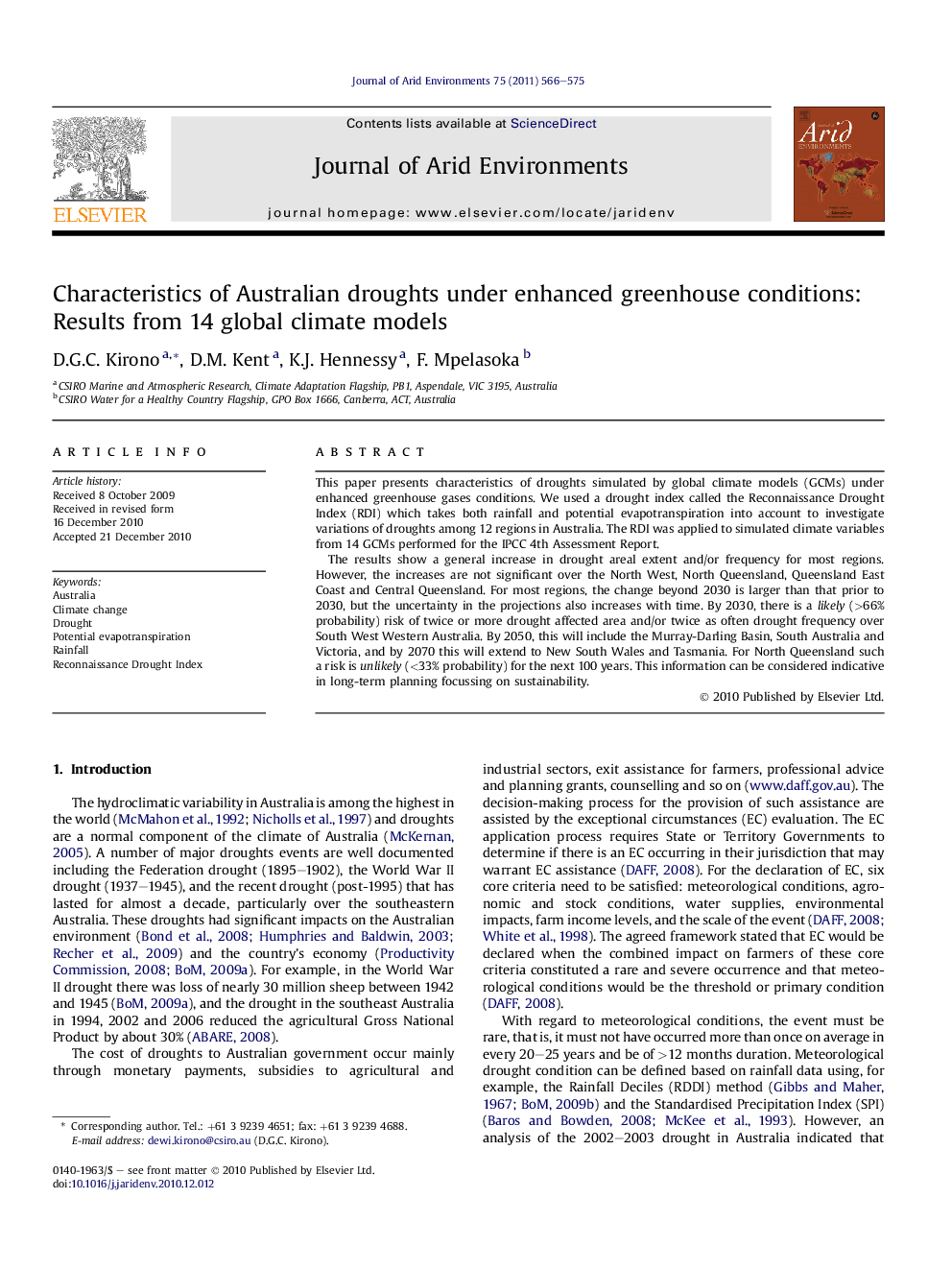 Characteristics of Australian droughts under enhanced greenhouse conditions: Results from 14 global climate models