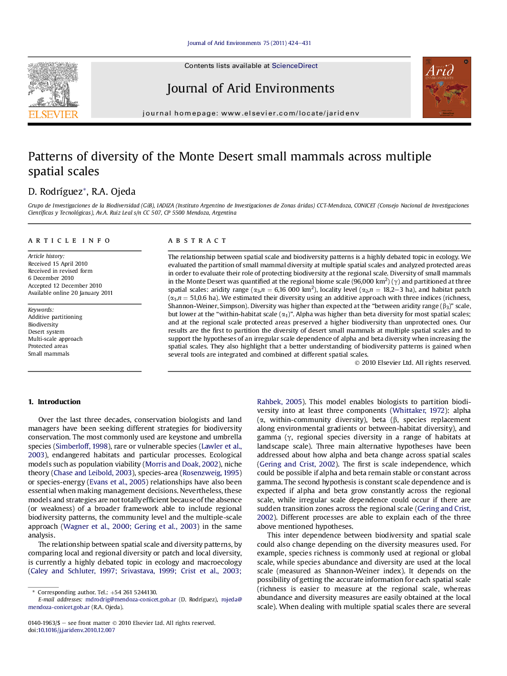 Patterns of diversity of the Monte Desert small mammals across multiple spatial scales