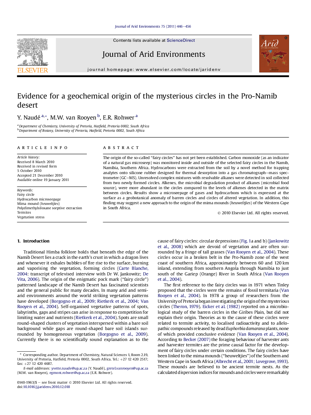 Evidence for a geochemical origin of the mysterious circles in the Pro-Namib desert