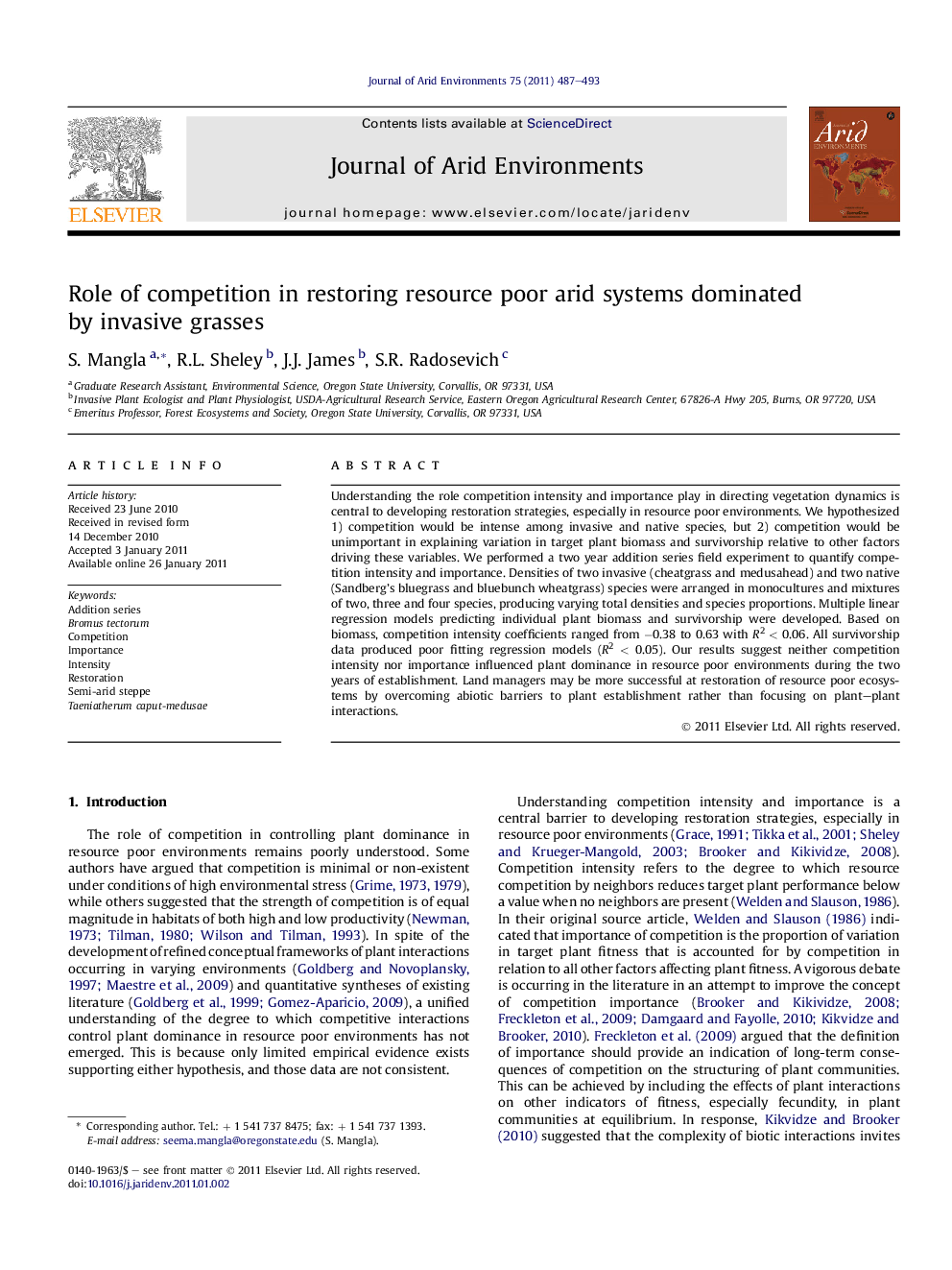 Role of competition in restoring resource poor arid systems dominated by invasive grasses