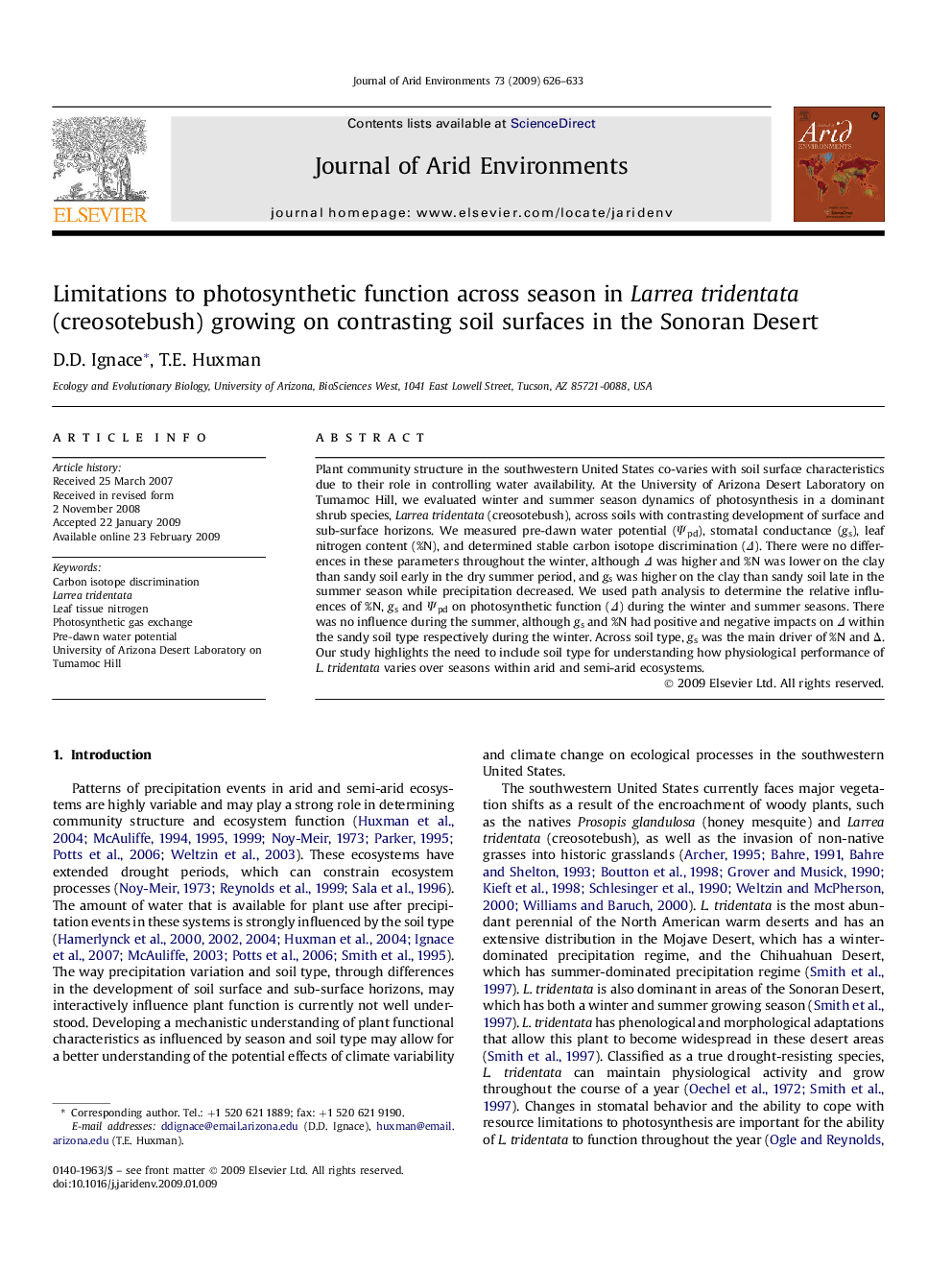 Limitations to photosynthetic function across season in Larrea tridentata (creosotebush) growing on contrasting soil surfaces in the Sonoran Desert