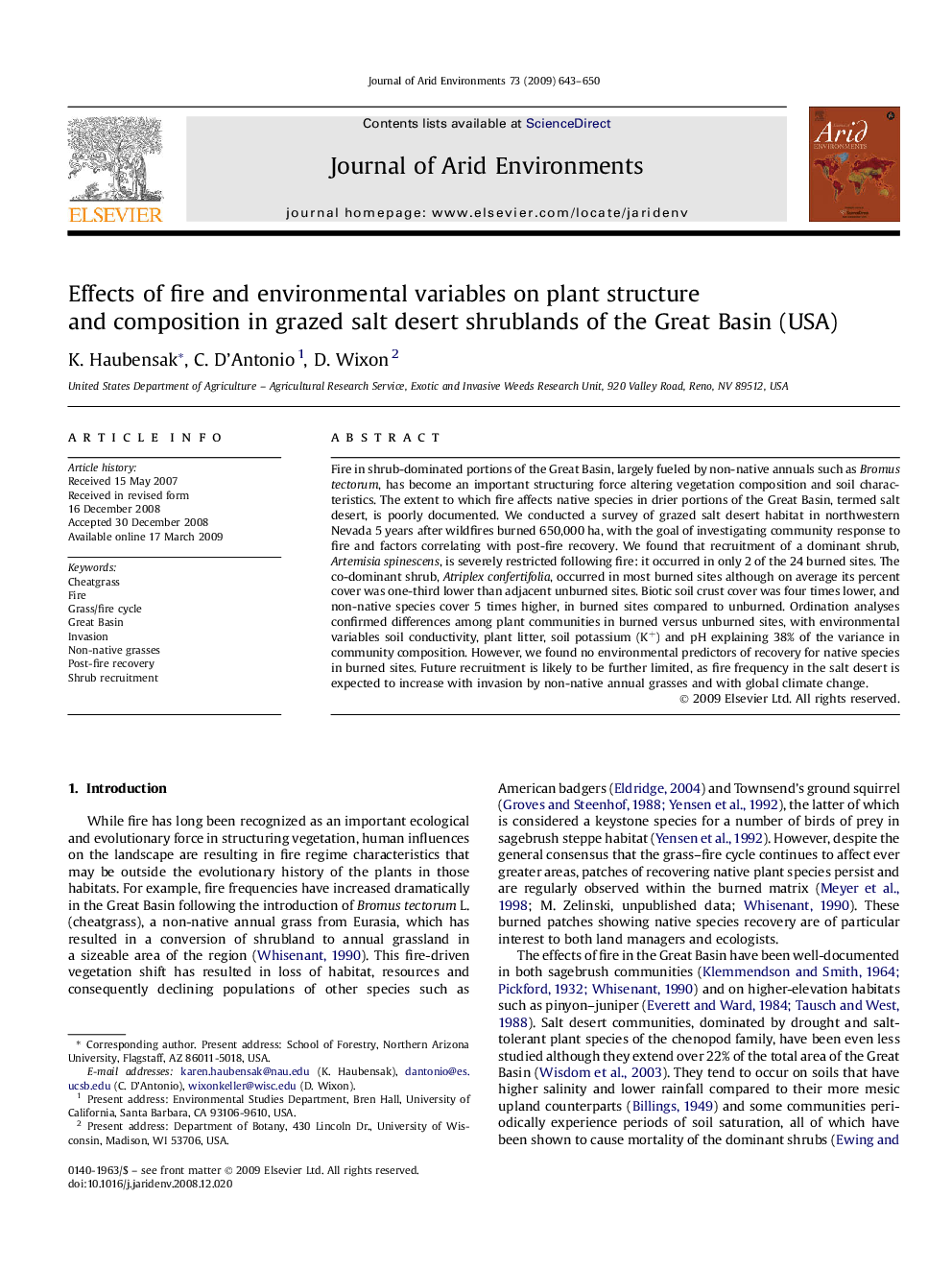 Effects of fire and environmental variables on plant structure and composition in grazed salt desert shrublands of the Great Basin (USA)