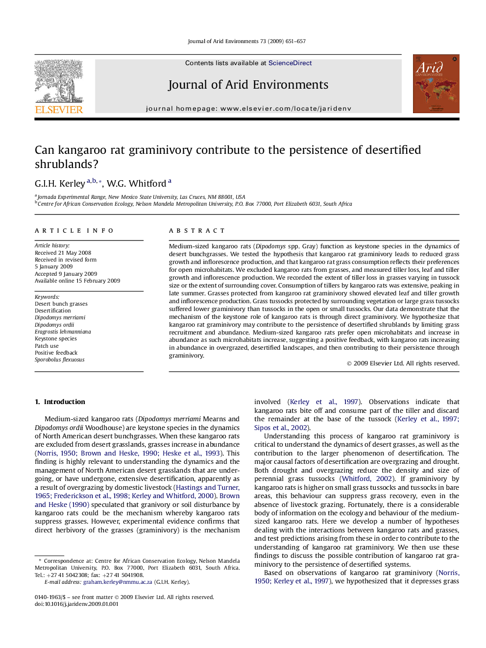 Can kangaroo rat graminivory contribute to the persistence of desertified shrublands?