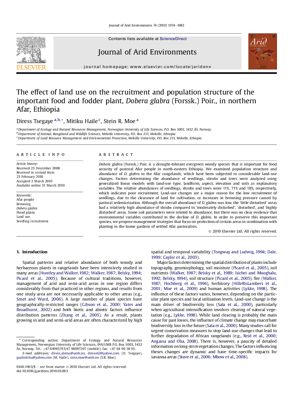 The effect of land use on the recruitment and population structure of the important food and fodder plant, Dobera glabra (Forssk.) Poir., in northern Afar, Ethiopia