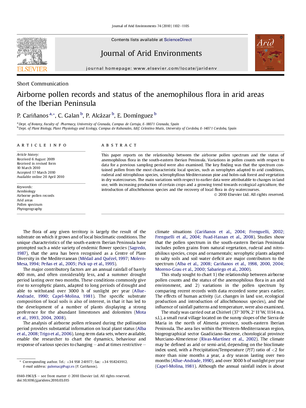 Airborne pollen records and status of the anemophilous flora in arid areas of the Iberian Peninsula