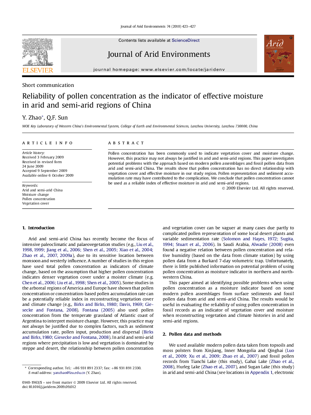 Reliability of pollen concentration as the indicator of effective moisture in arid and semi-arid regions of China