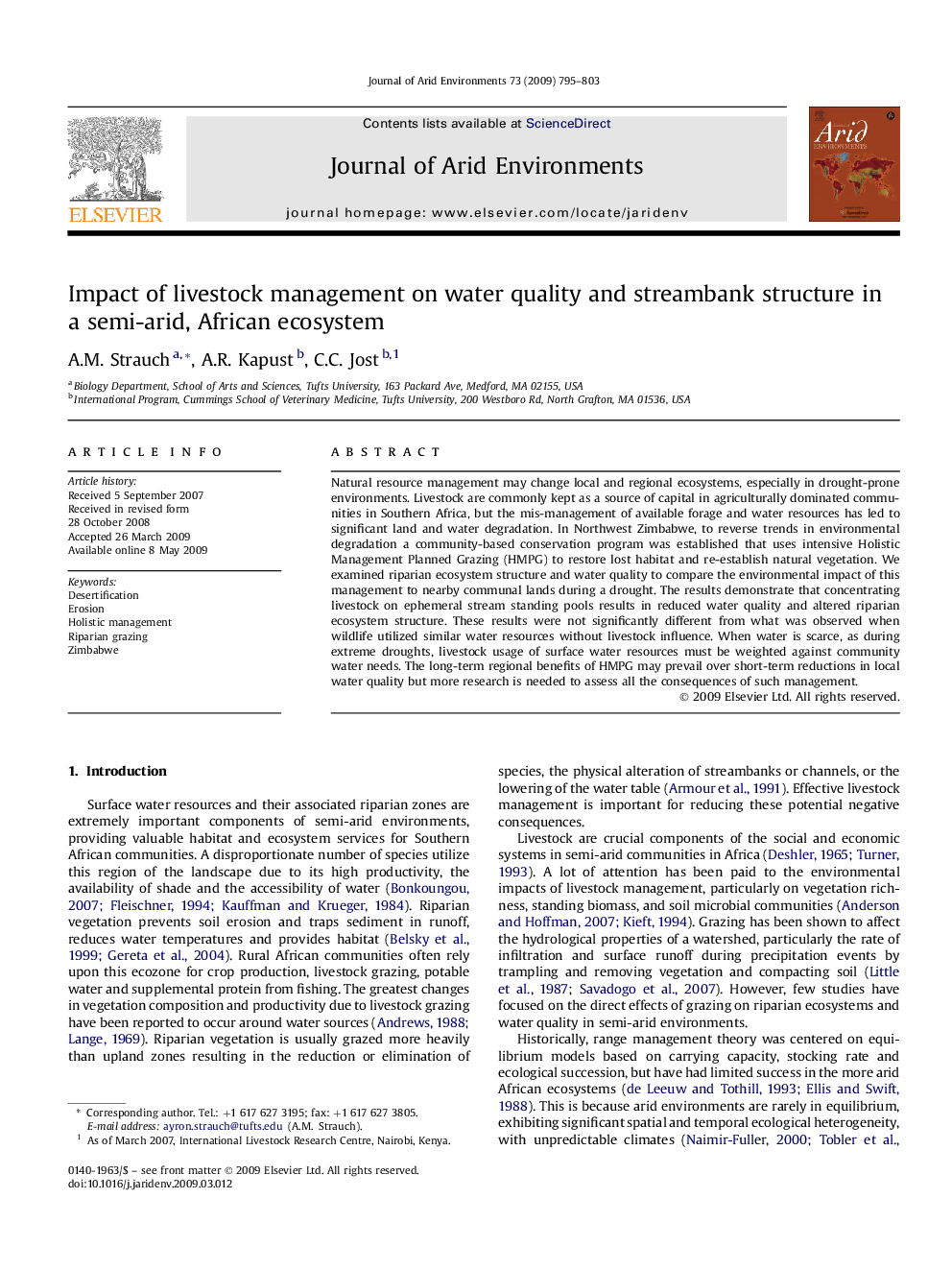 Impact of livestock management on water quality and streambank structure in a semi-arid, African ecosystem