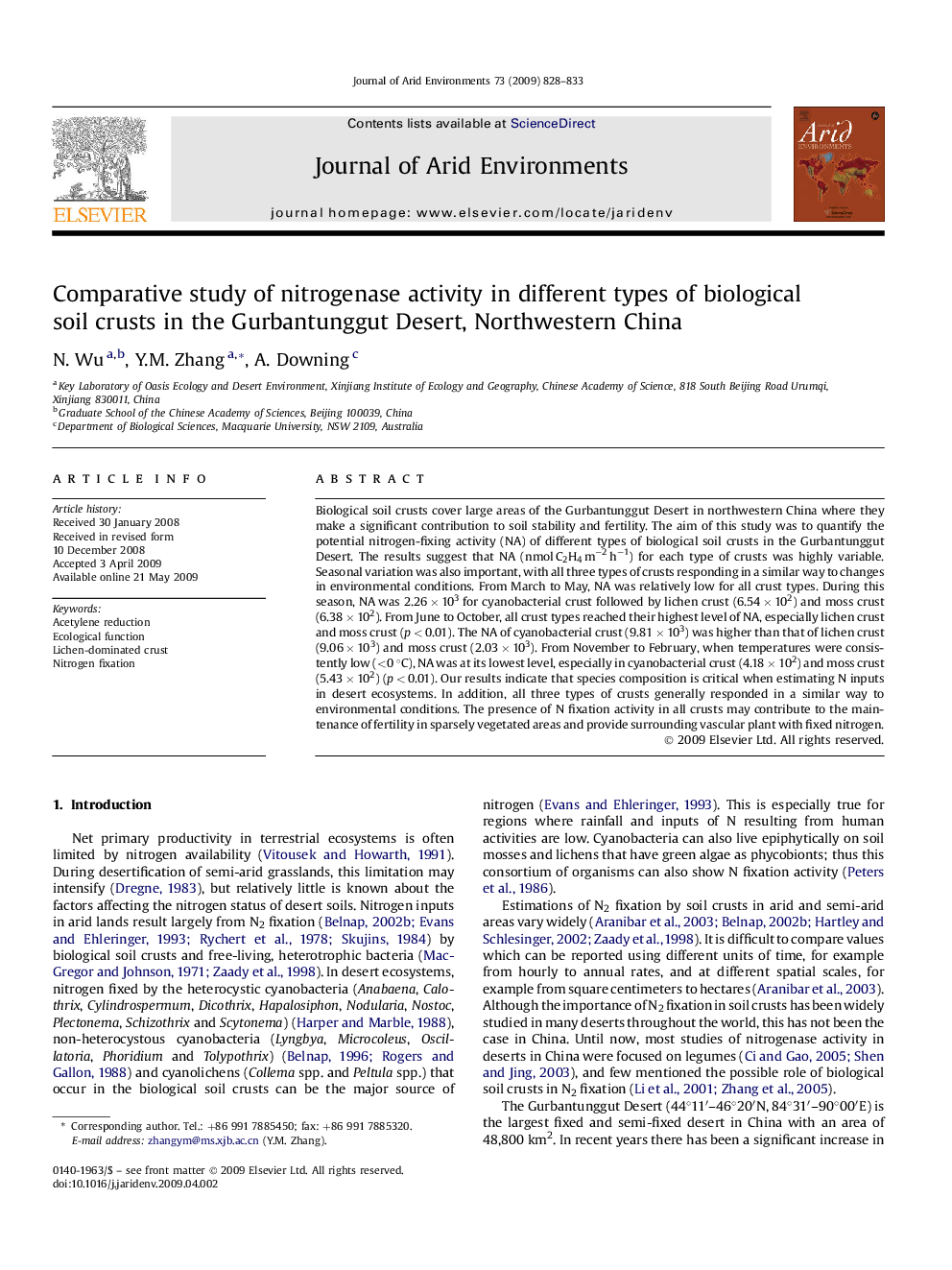 Comparative study of nitrogenase activity in different types of biological soil crusts in the Gurbantunggut Desert, Northwestern China