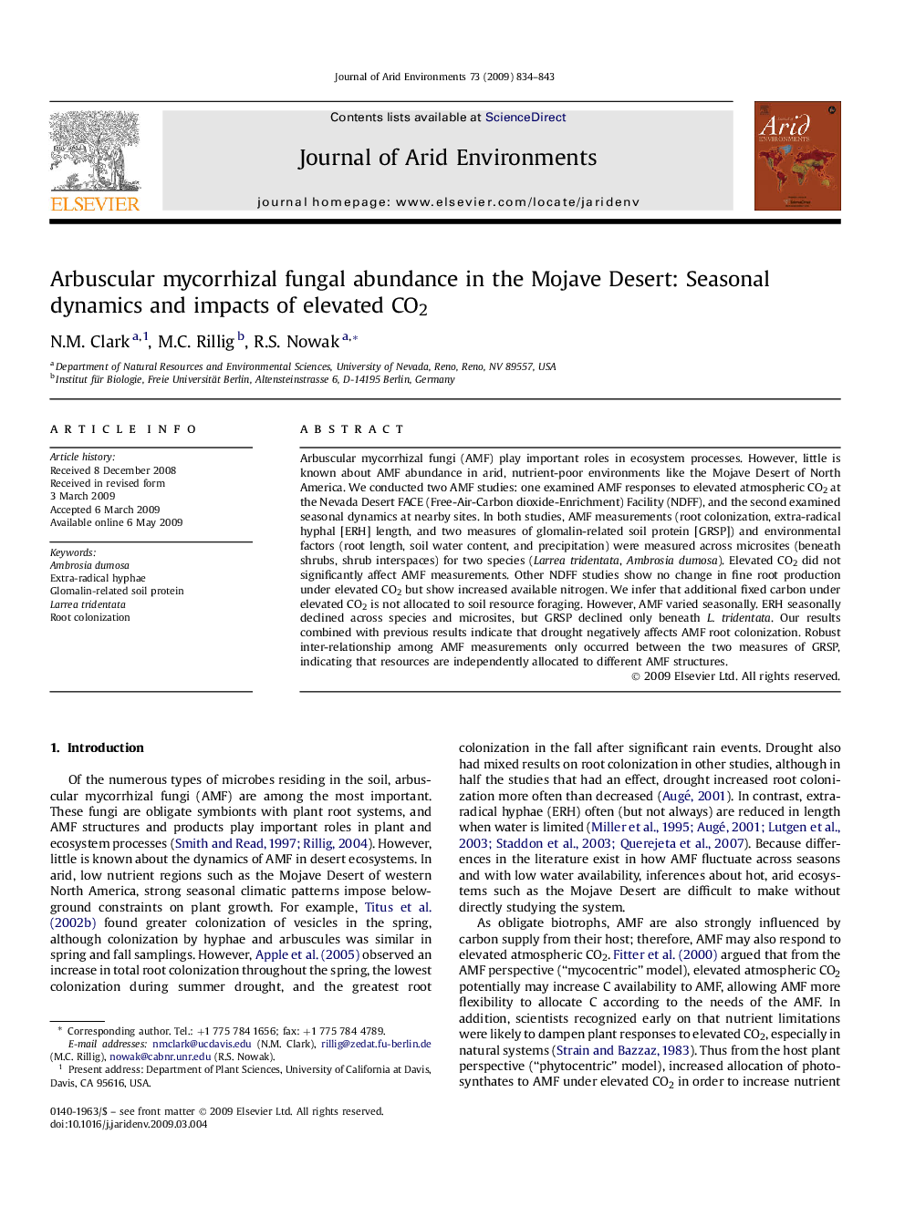 Arbuscular mycorrhizal fungal abundance in the Mojave Desert: Seasonal dynamics and impacts of elevated CO2