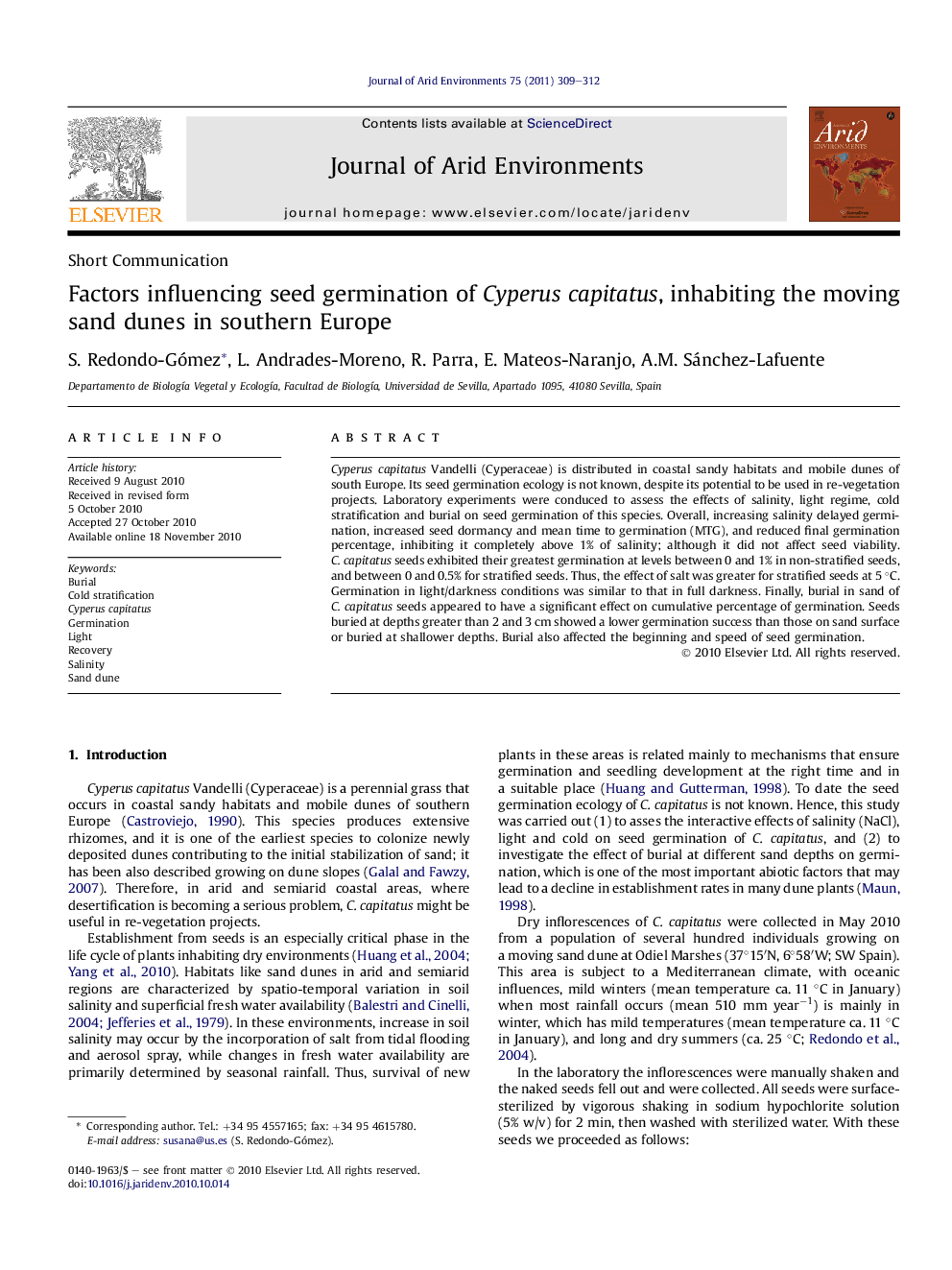 Factors influencing seed germination of Cyperus capitatus, inhabiting the moving sand dunes in southern Europe