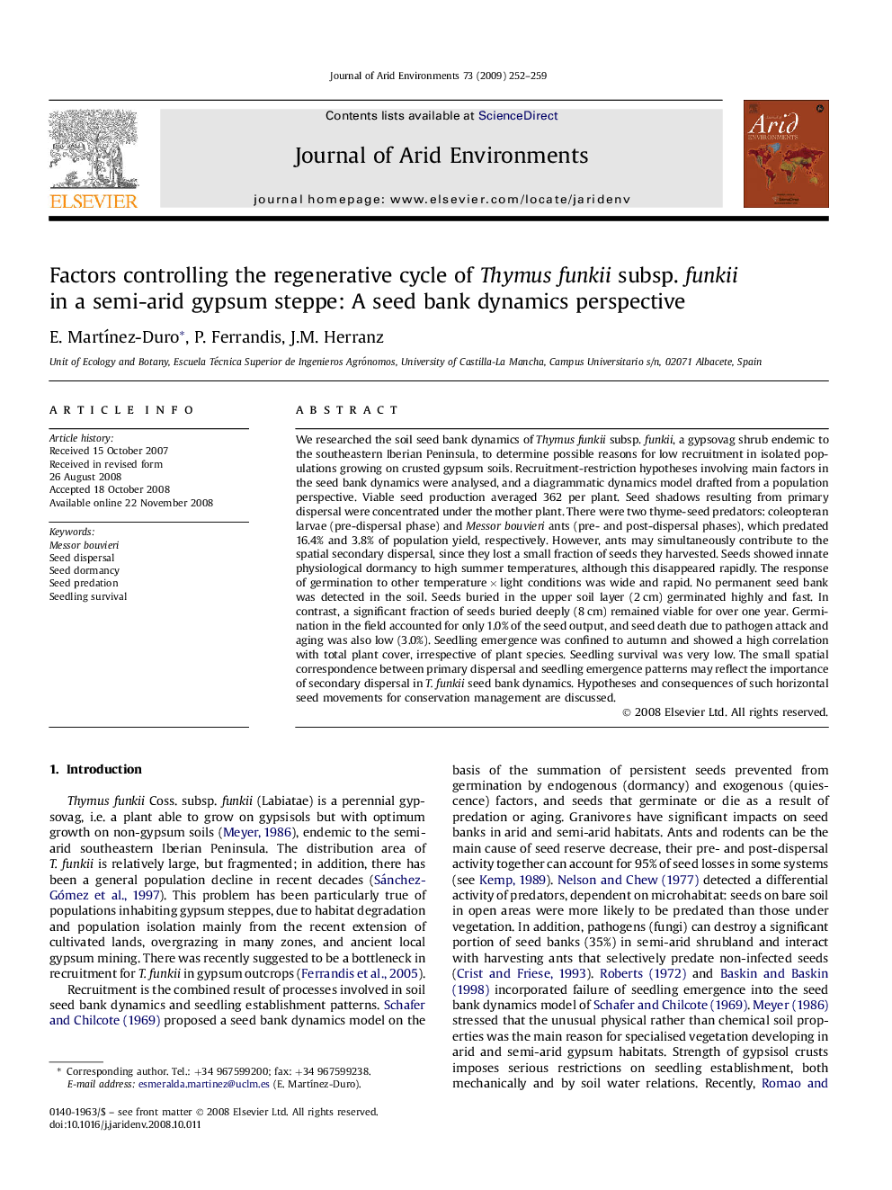 عکس صفحه اول مقاله: Factors controlling the regenerative cycle of Thymus funkii subsp. funkii in a semi-arid gypsum steppe: A seed bank dynamics perspective Factors controlling the regenerative cycle of Thymus funkii subsp. funkii in a semi-arid gypsum steppe: A seed bank dynamics perspective