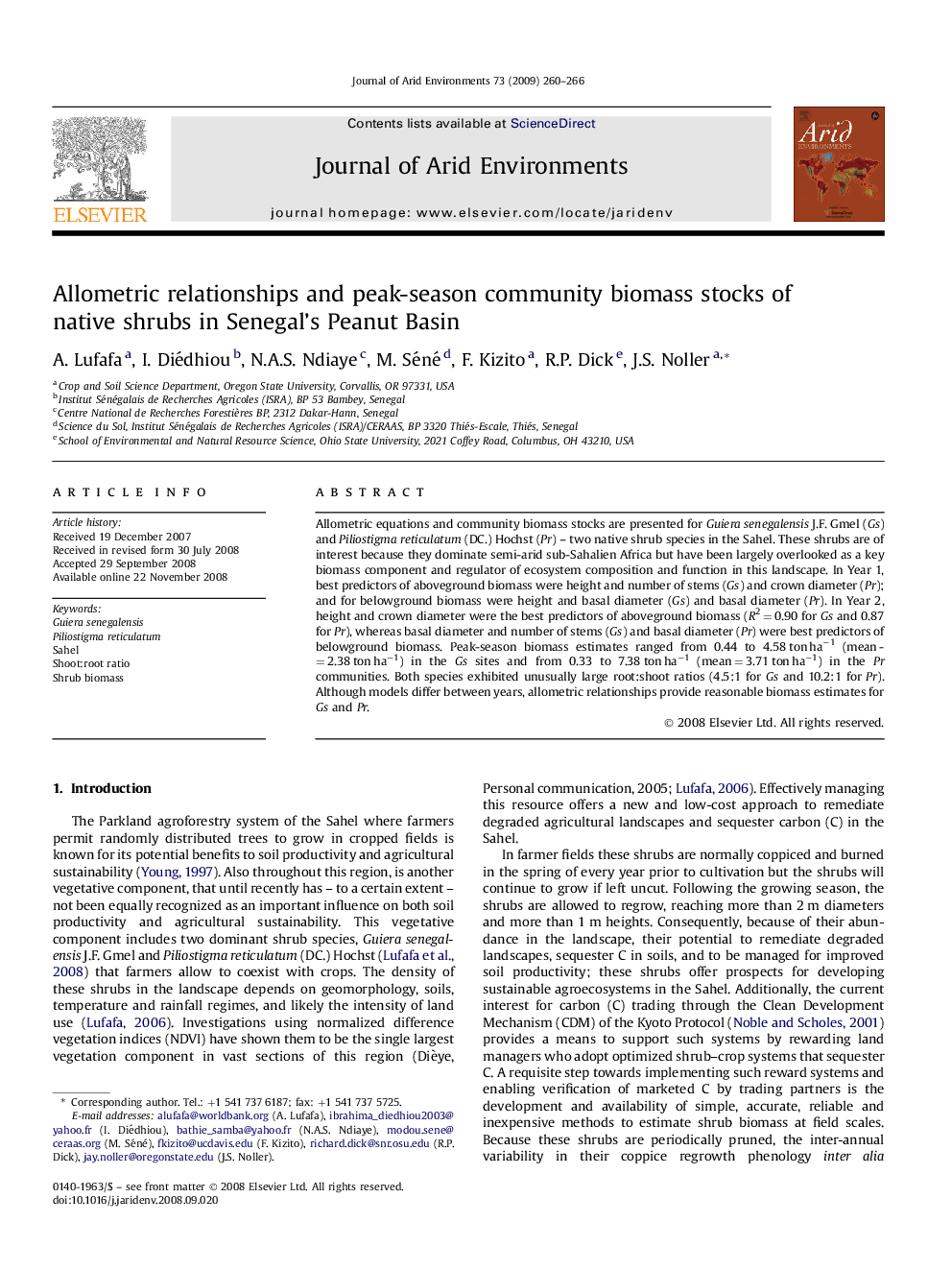 Allometric relationships and peak-season community biomass stocks of native shrubs in Senegal's Peanut Basin