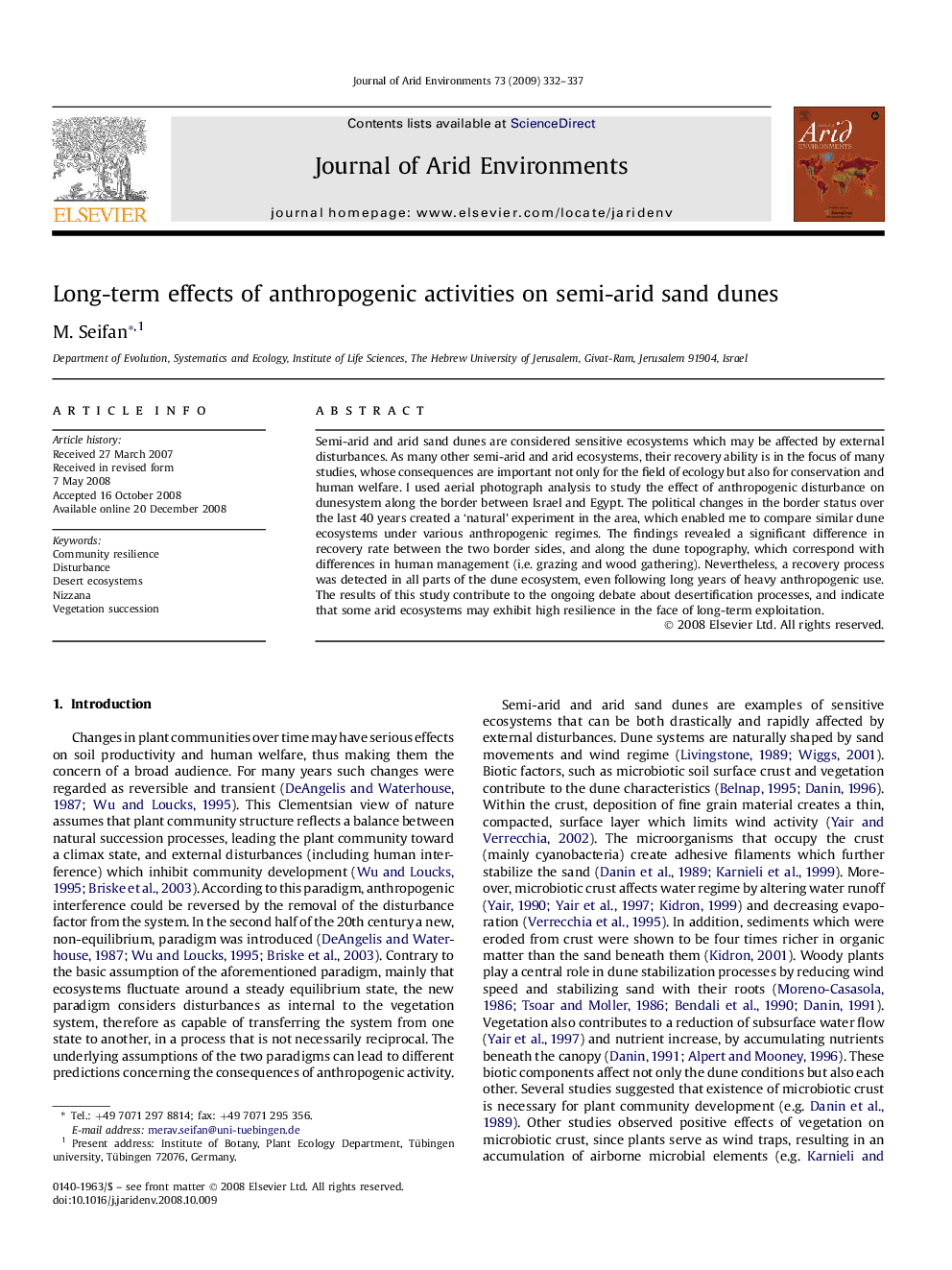 Long-term effects of anthropogenic activities on semi-arid sand dunes