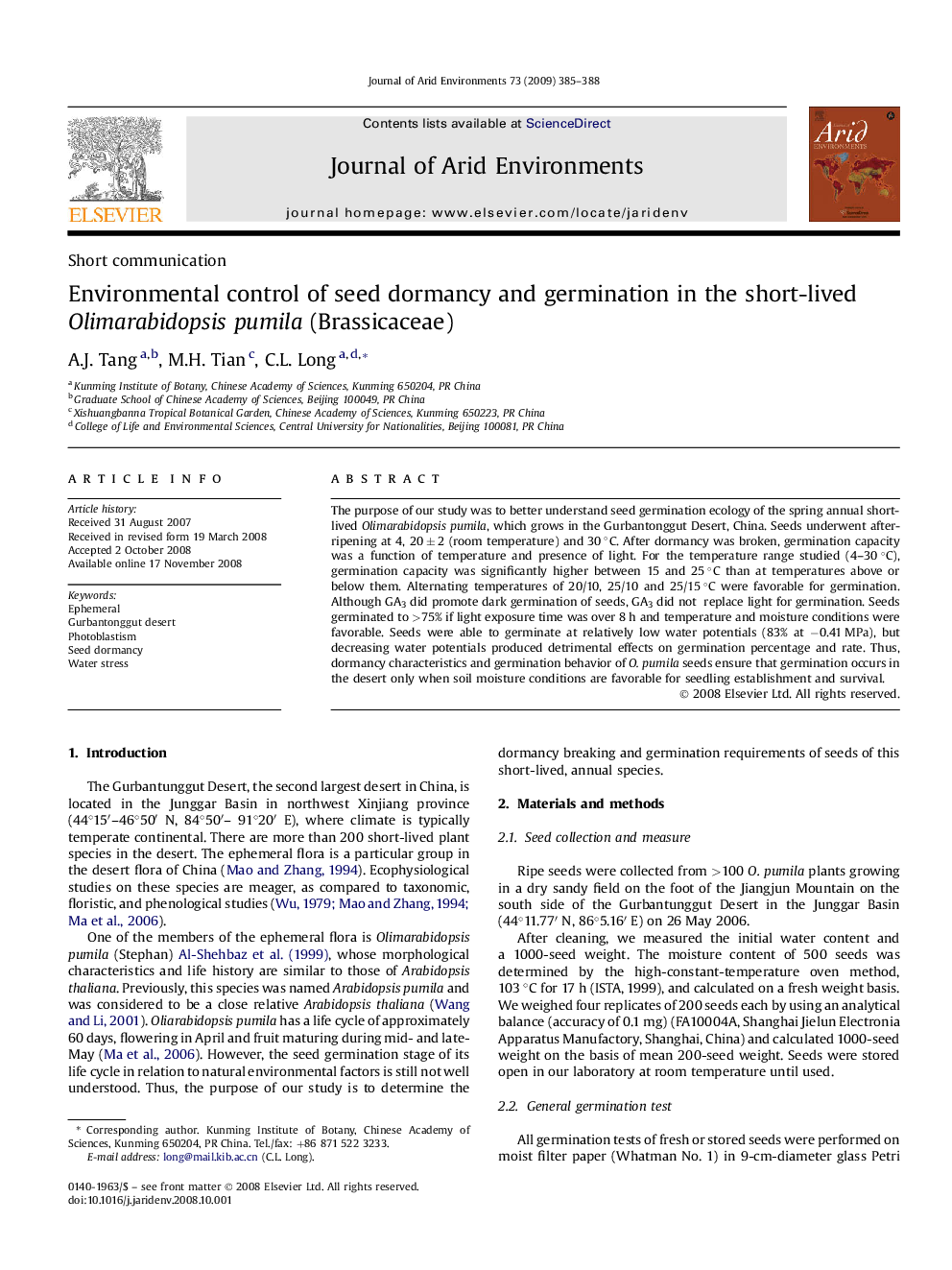 Environmental control of seed dormancy and germination in the short-lived Olimarabidopsis pumila (Brassicaceae)