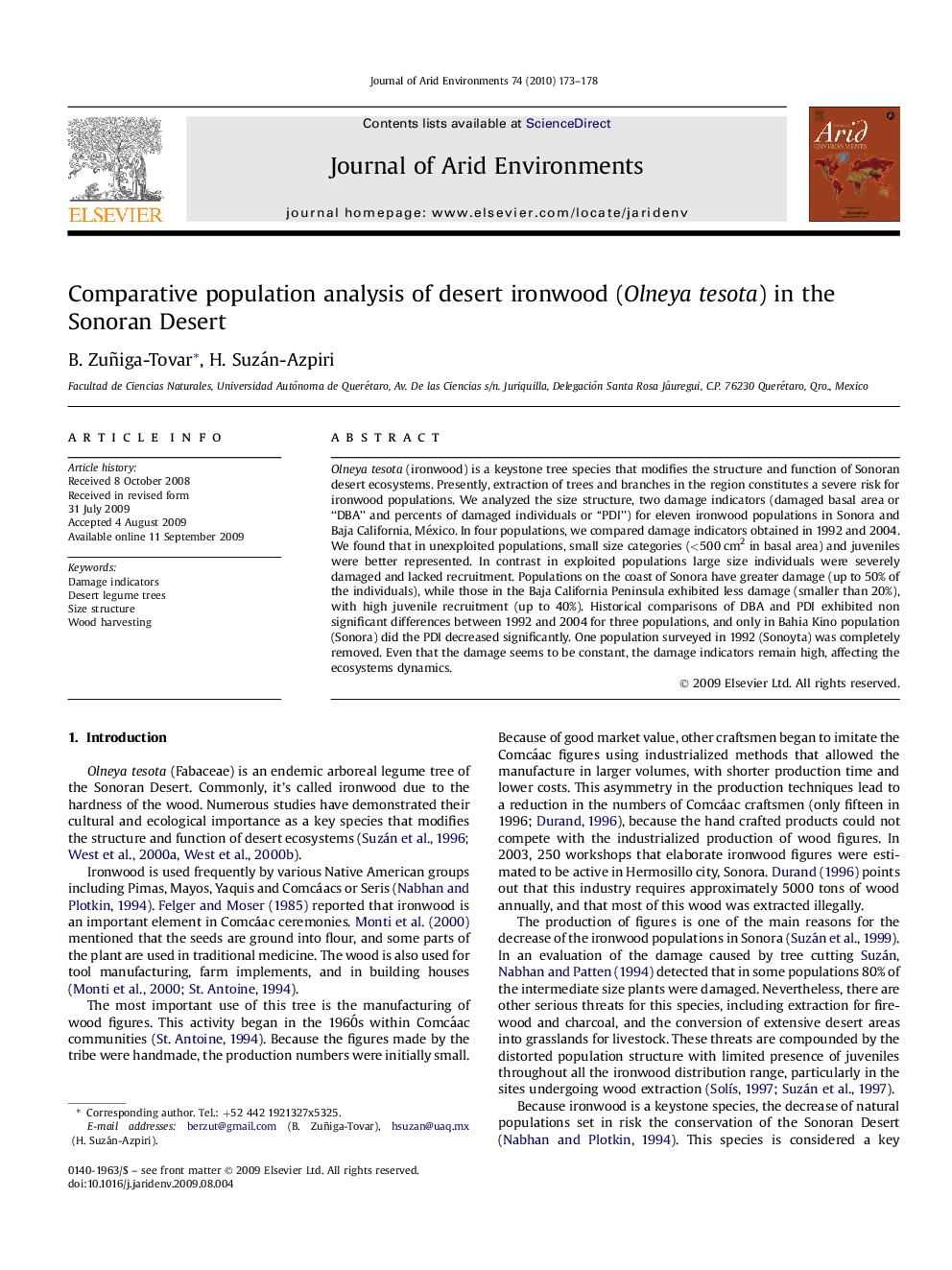 Comparative population analysis of desert ironwood (Olneya tesota) in the Sonoran Desert