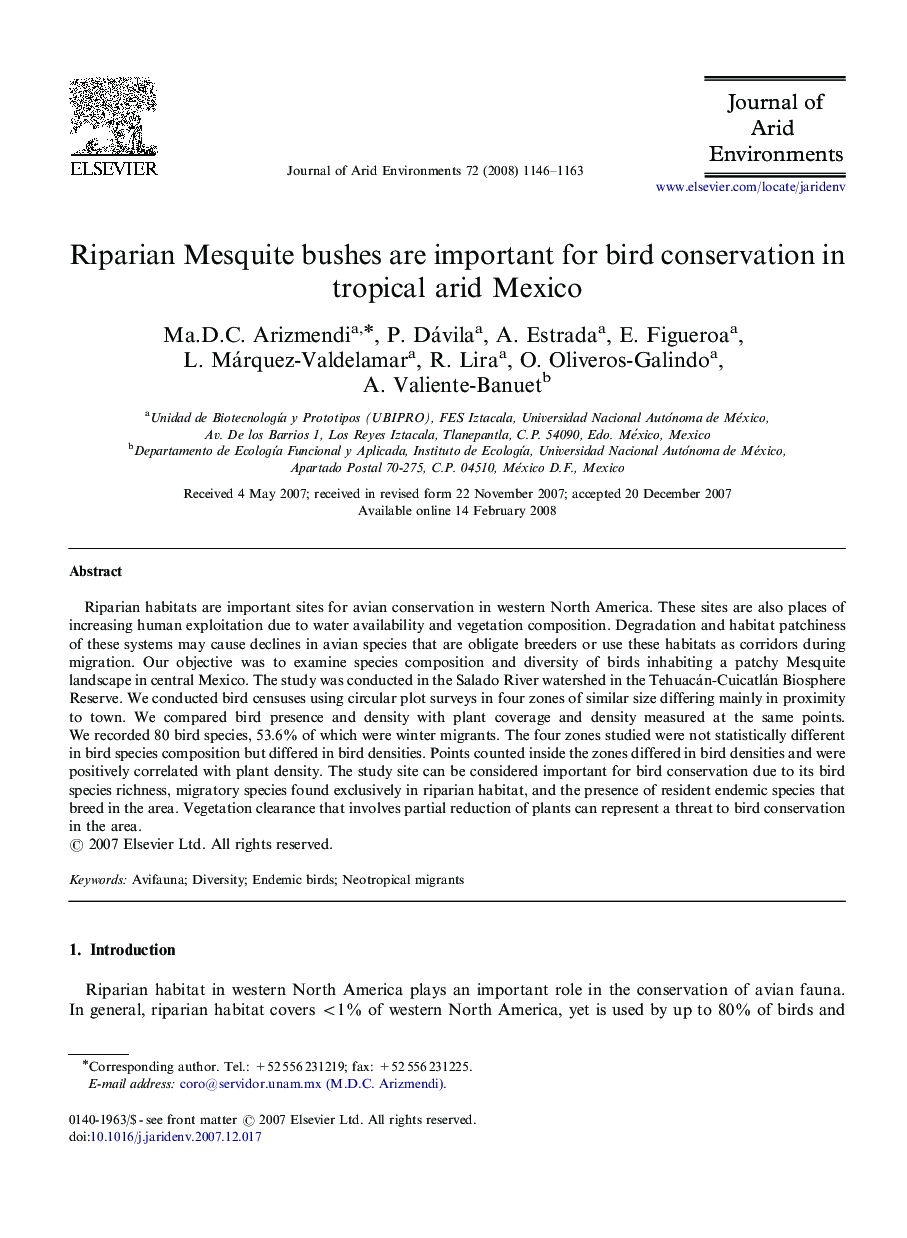 Riparian Mesquite bushes are important for bird conservation in tropical arid Mexico