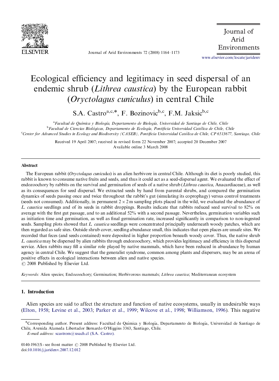 Ecological efficiency and legitimacy in seed dispersal of an endemic shrub (Lithrea caustica) by the European rabbit (Oryctolagus cuniculus) in central Chile