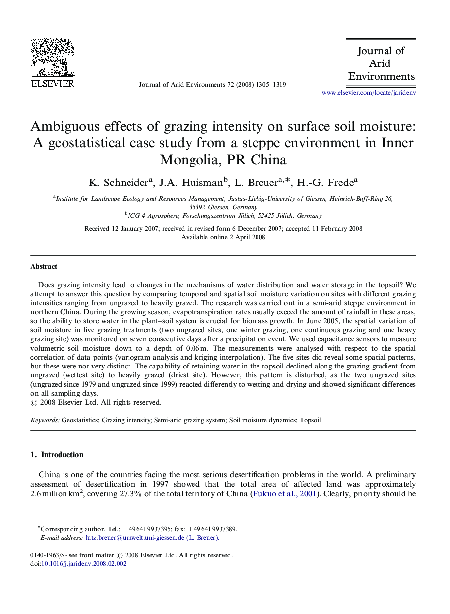 Ambiguous effects of grazing intensity on surface soil moisture: A geostatistical case study from a steppe environment in Inner Mongolia, PR China