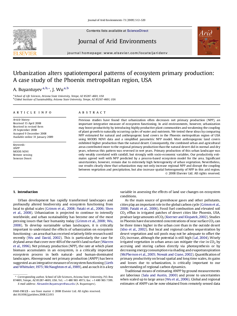 Urbanization alters spatiotemporal patterns of ecosystem primary production: A case study of the Phoenix metropolitan region, USA