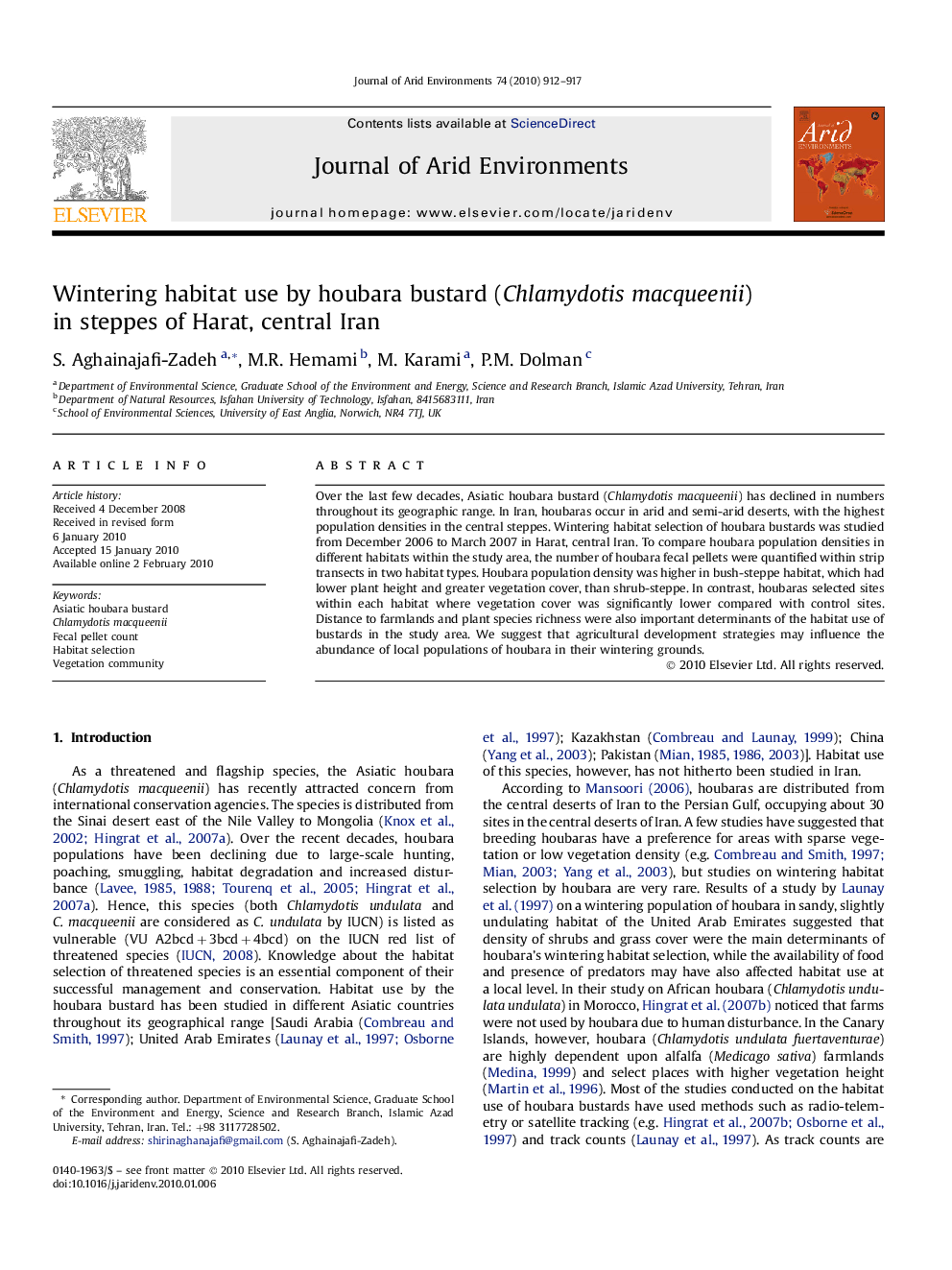 Wintering habitat use by houbara bustard (Chlamydotis macqueenii) in steppes of Harat, central Iran