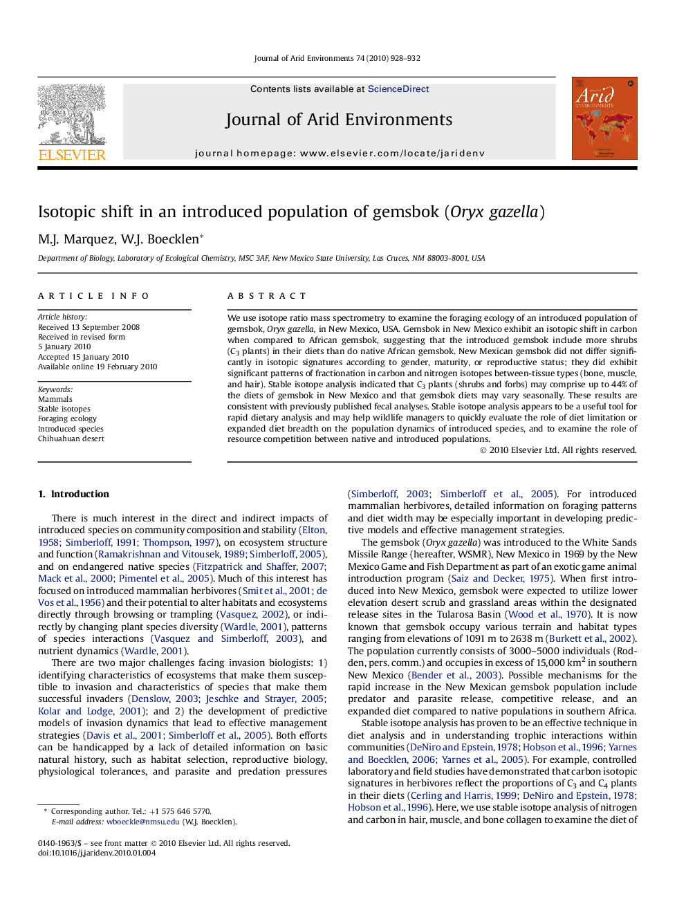 Isotopic shift in an introduced population of gemsbok (Oryx gazella)