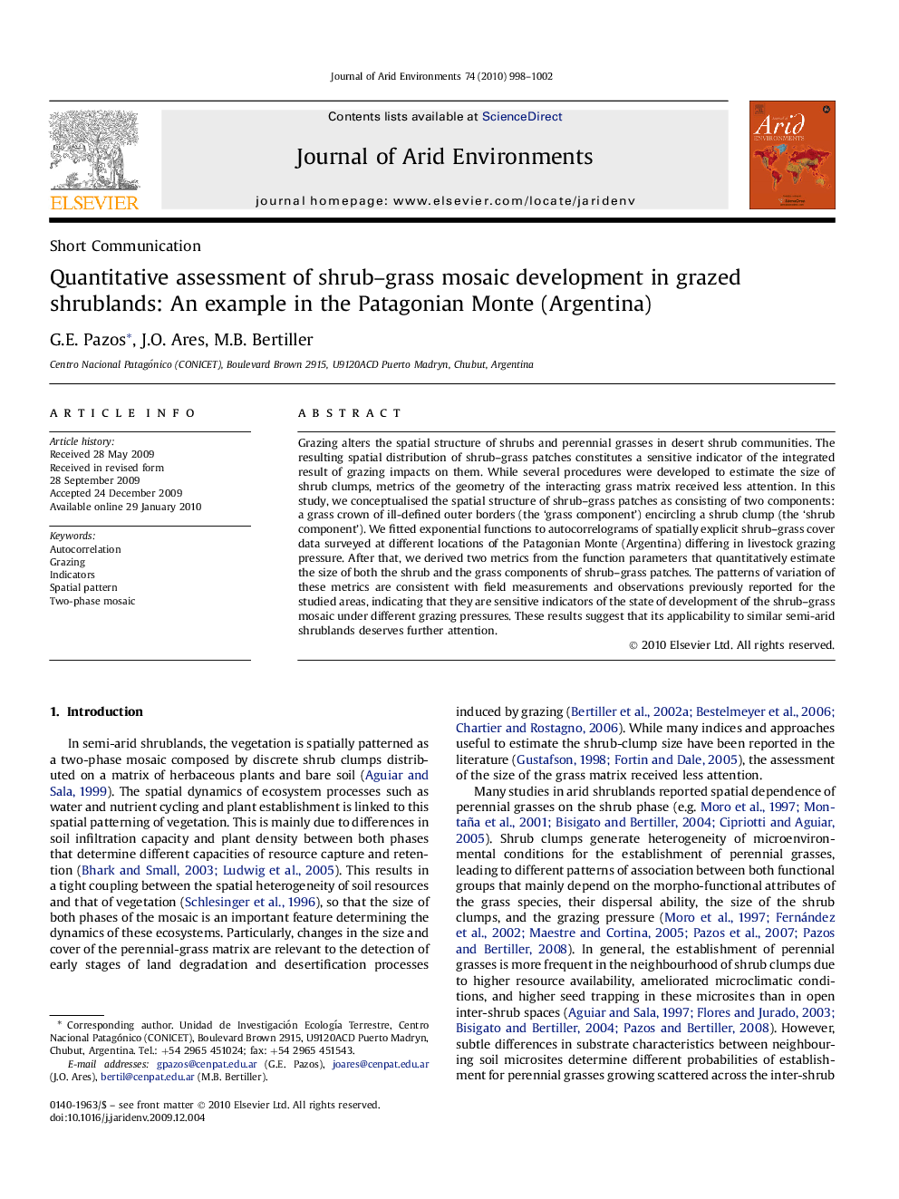 Quantitative assessment of shrub–grass mosaic development in grazed shrublands: An example in the Patagonian Monte (Argentina)