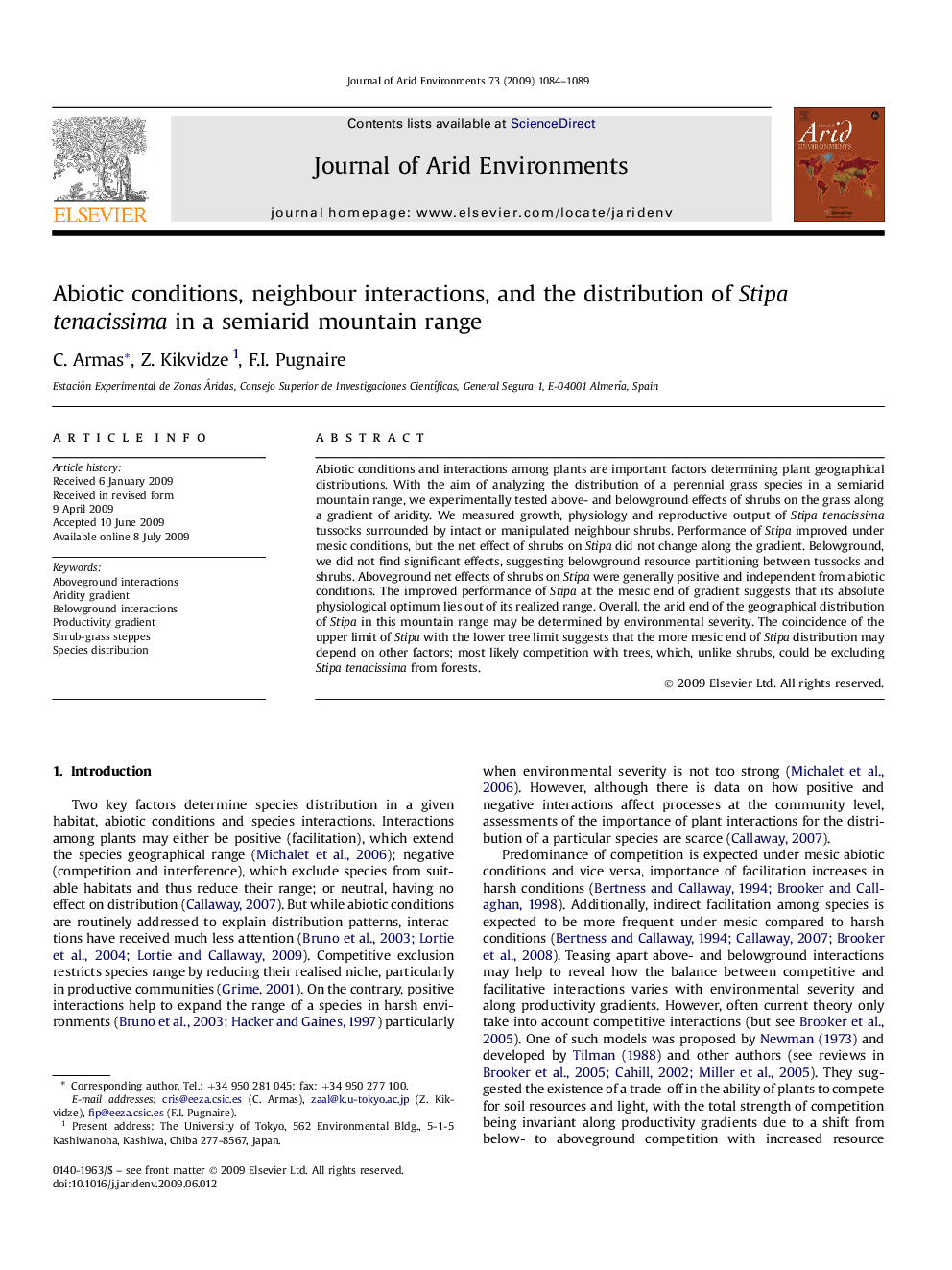 Abiotic conditions, neighbour interactions, and the distribution of Stipa tenacissima in a semiarid mountain range