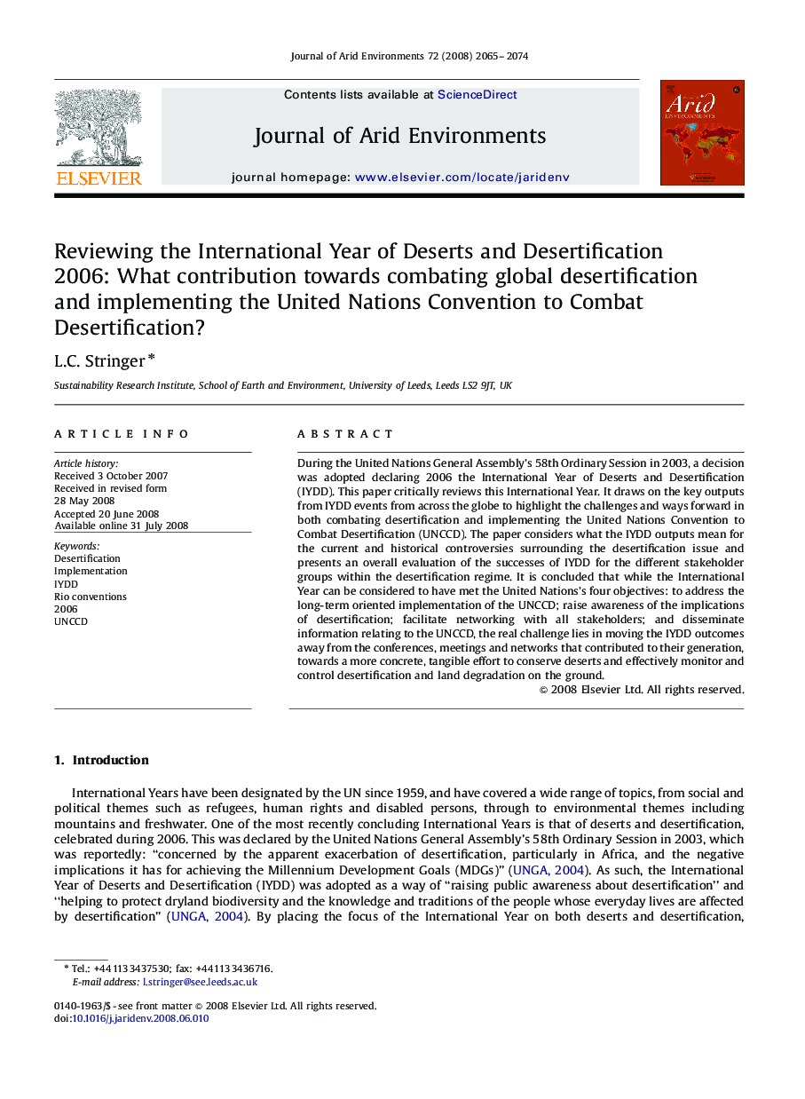 Reviewing the International Year of Deserts and Desertification 2006: What contribution towards combating global desertification and implementing the United Nations Convention to Combat Desertification?