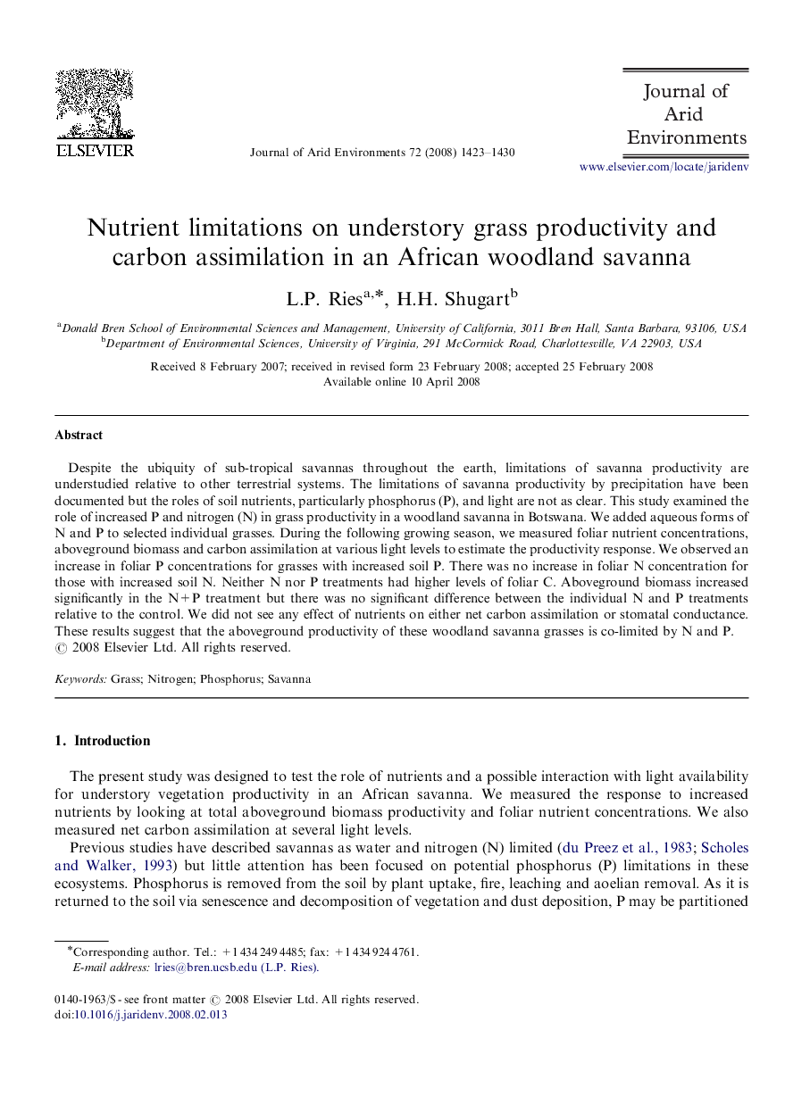 Nutrient limitations on understory grass productivity and carbon assimilation in an African woodland savanna