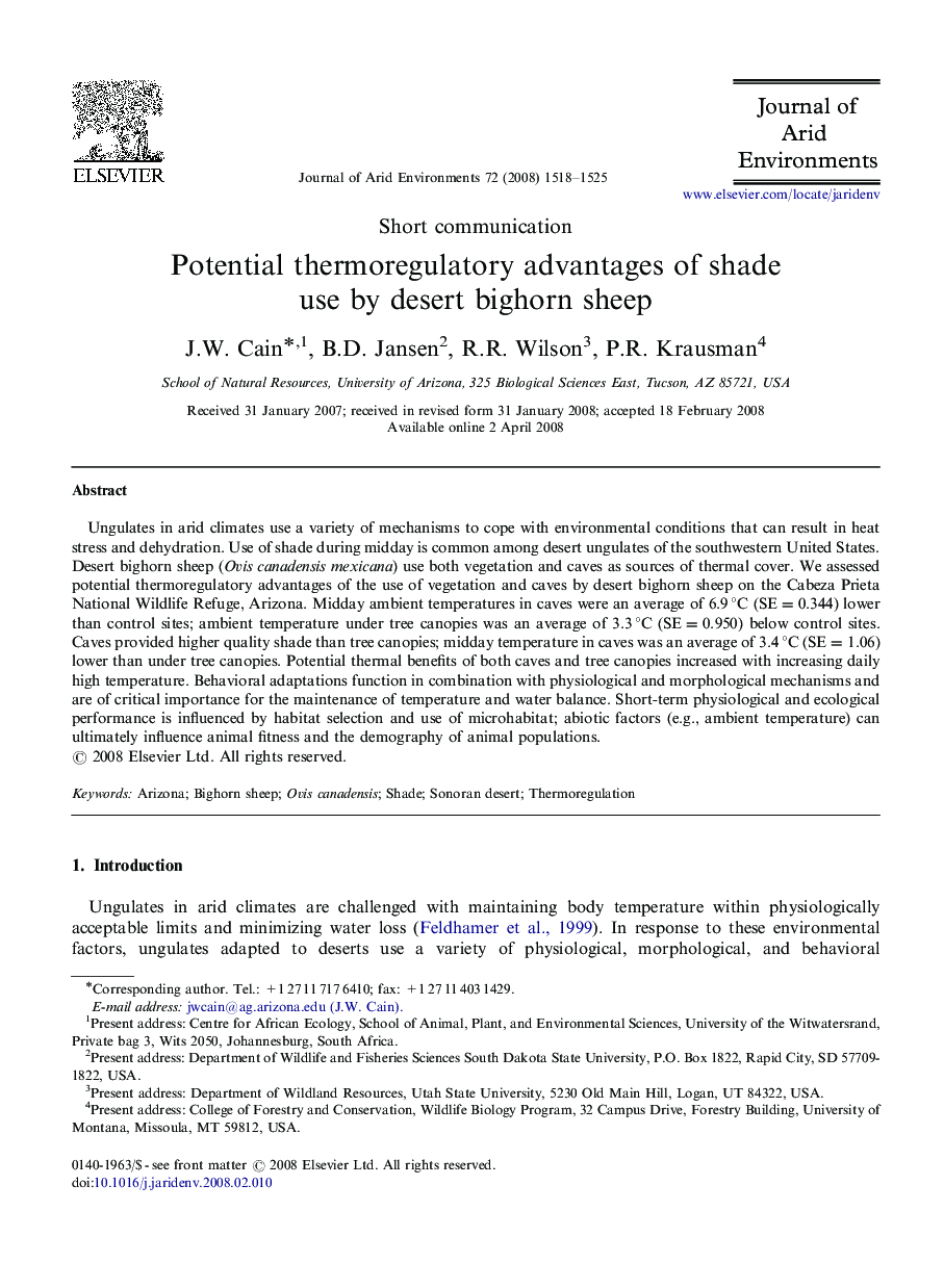 Potential thermoregulatory advantages of shade use by desert bighorn sheep