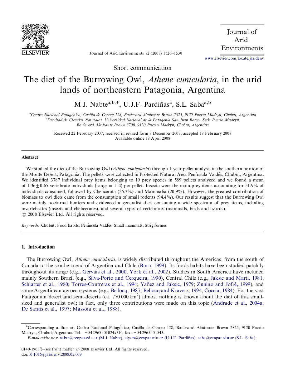 The diet of the Burrowing Owl, Athene cunicularia, in the arid lands of northeastern Patagonia, Argentina