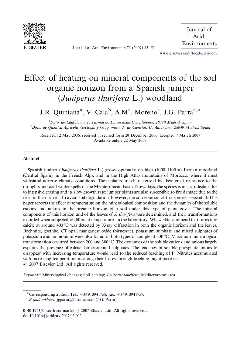 Effect of heating on mineral components of the soil organic horizon from a Spanish juniper (Juniperus thurifera L.) woodland