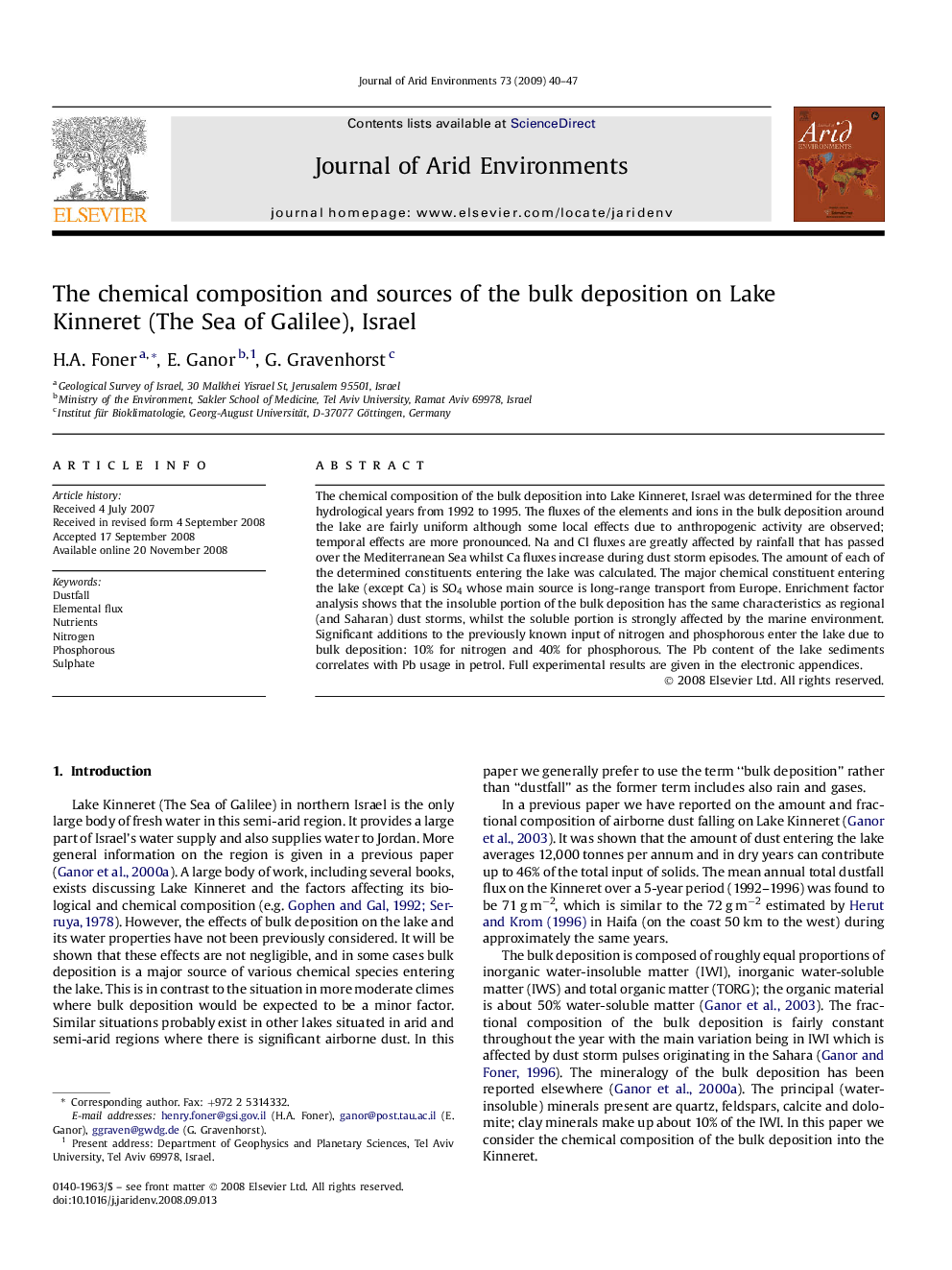 The chemical composition and sources of the bulk deposition on Lake Kinneret (The Sea of Galilee), Israel