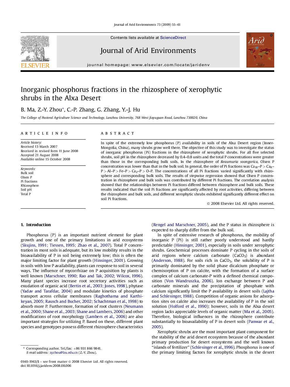 عکس صفحه اول مقاله: Inorganic phosphorus fractions in the rhizosphere of xerophytic shrubs in the Alxa Desert Inorganic phosphorus fractions in the rhizosphere of xerophytic shrubs in the Alxa Desert