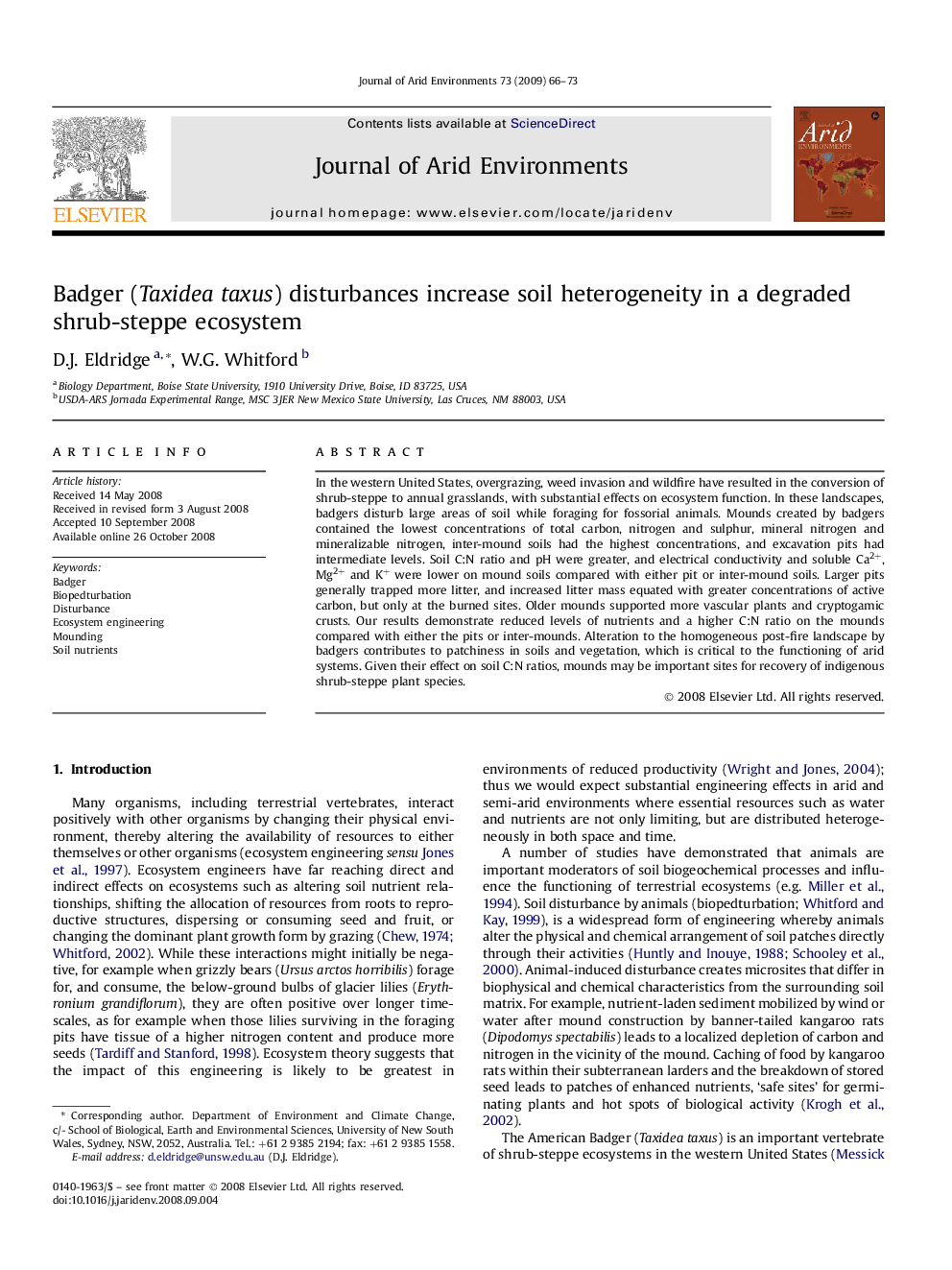 Badger (Taxidea taxus) disturbances increase soil heterogeneity in a degraded shrub-steppe ecosystem