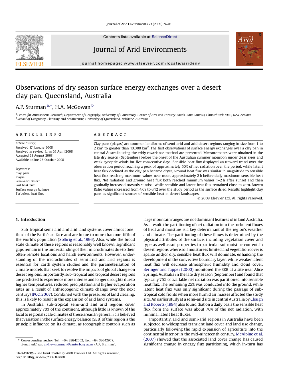 Observations of dry season surface energy exchanges over a desert clay pan, Queensland, Australia