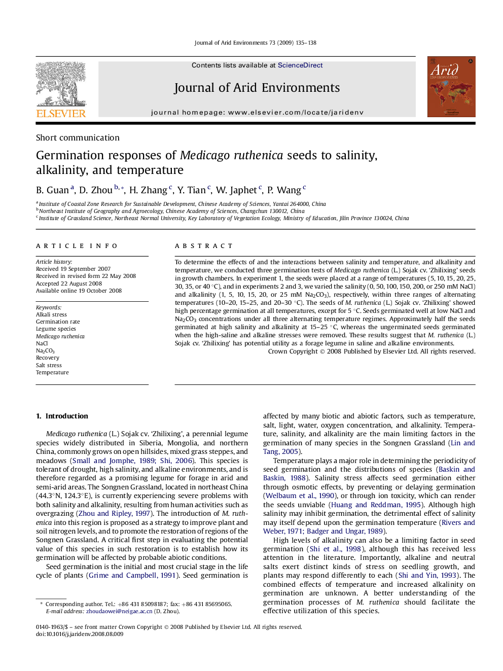 Germination responses of Medicago ruthenica seeds to salinity, alkalinity, and temperature