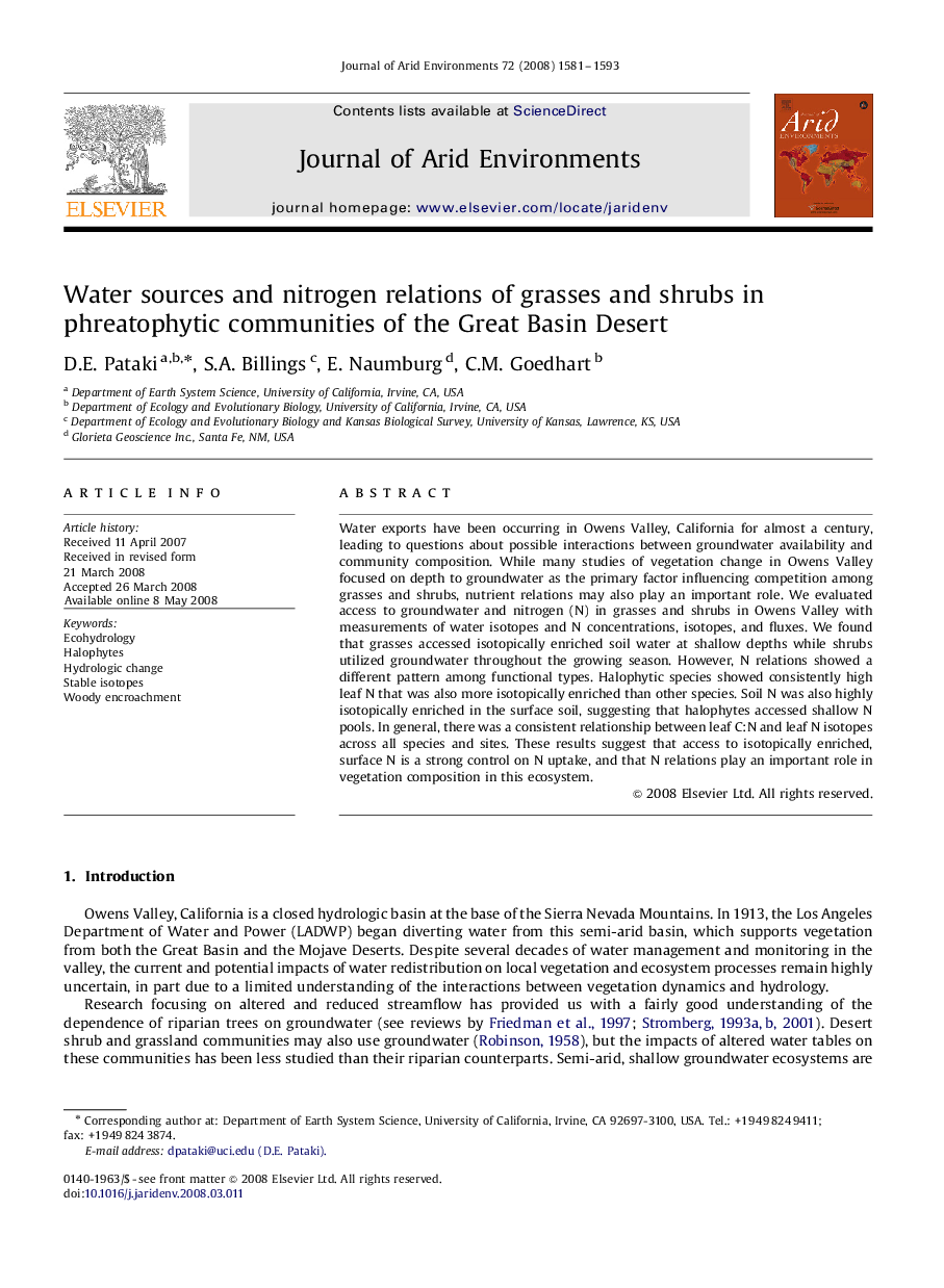 Water sources and nitrogen relations of grasses and shrubs in phreatophytic communities of the Great Basin Desert