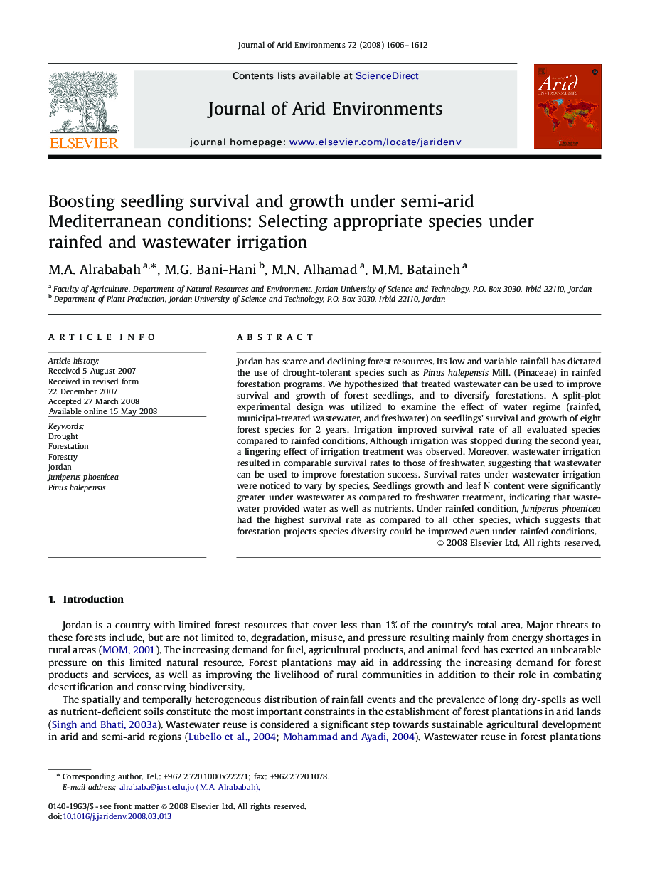 Boosting seedling survival and growth under semi-arid Mediterranean conditions: Selecting appropriate species under rainfed and wastewater irrigation