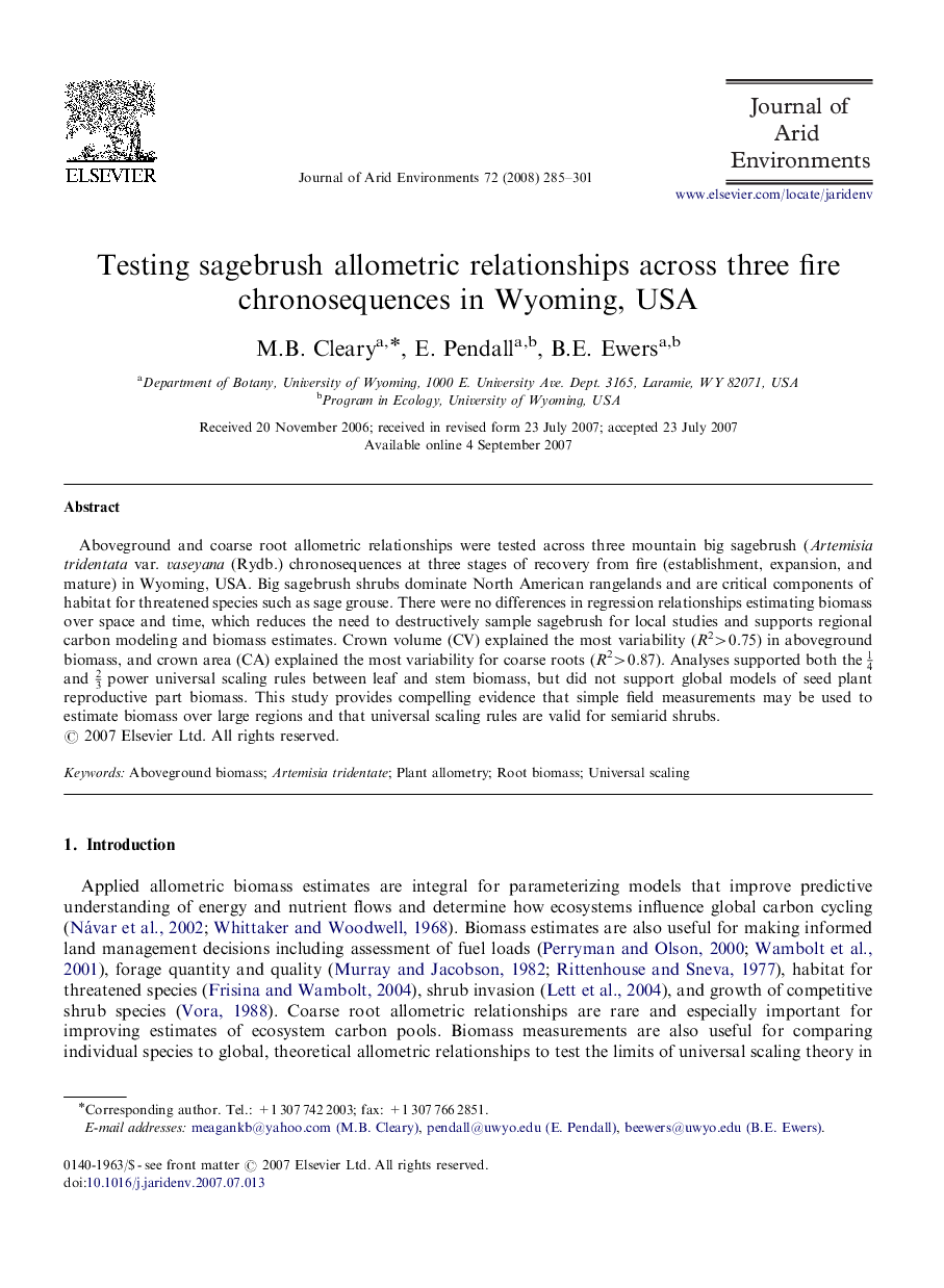 Testing sagebrush allometric relationships across three fire chronosequences in Wyoming, USA