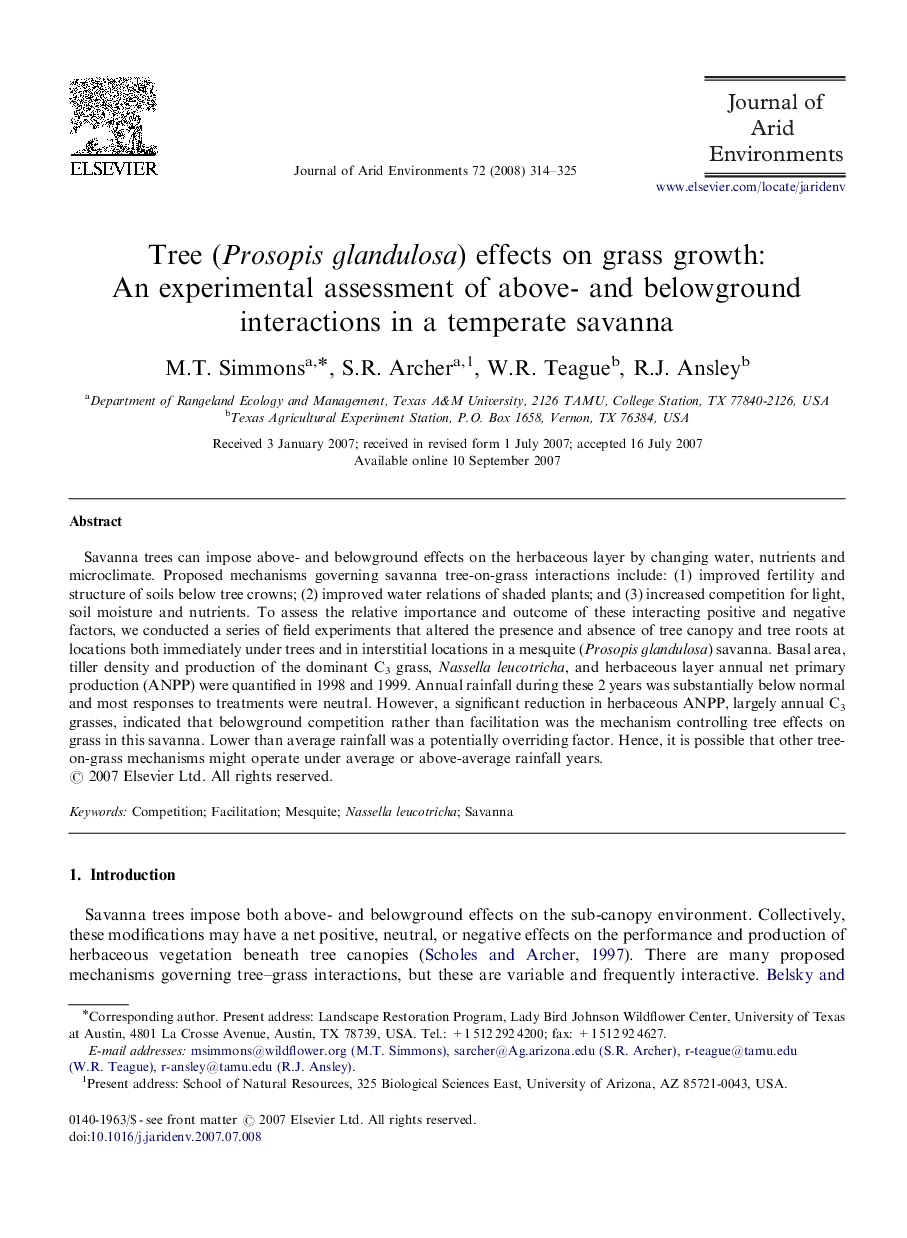 Tree (Prosopis glandulosa) effects on grass growth: An experimental assessment of above- and belowground interactions in a temperate savanna