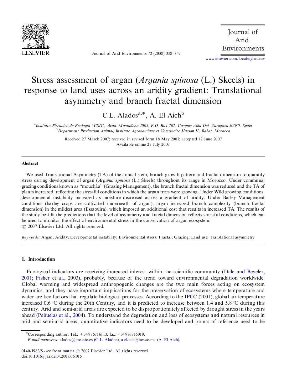 Stress assessment of argan (Argania spinosa (L.) Skeels) in response to land uses across an aridity gradient: Translational asymmetry and branch fractal dimension