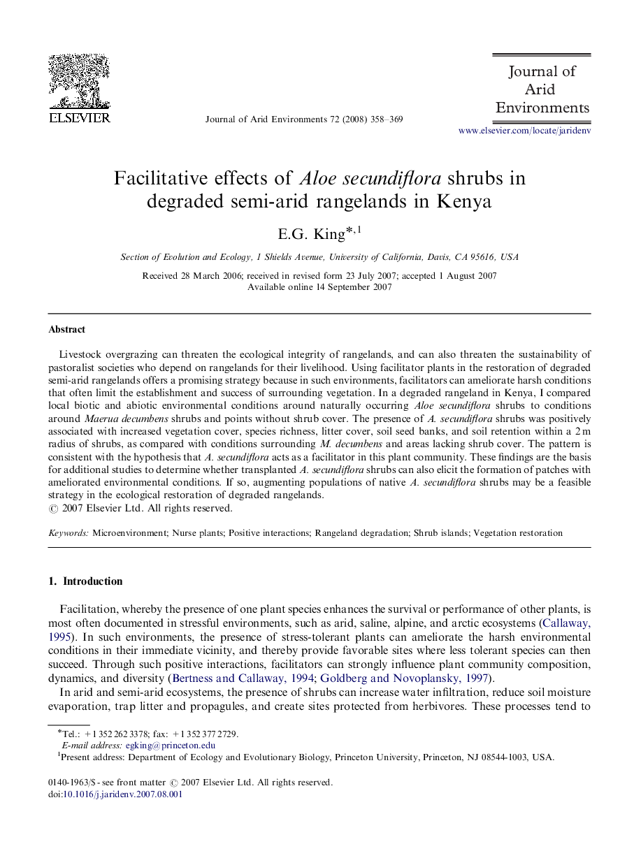 Facilitative effects of Aloe secundiflora shrubs in degraded semi-arid rangelands in Kenya