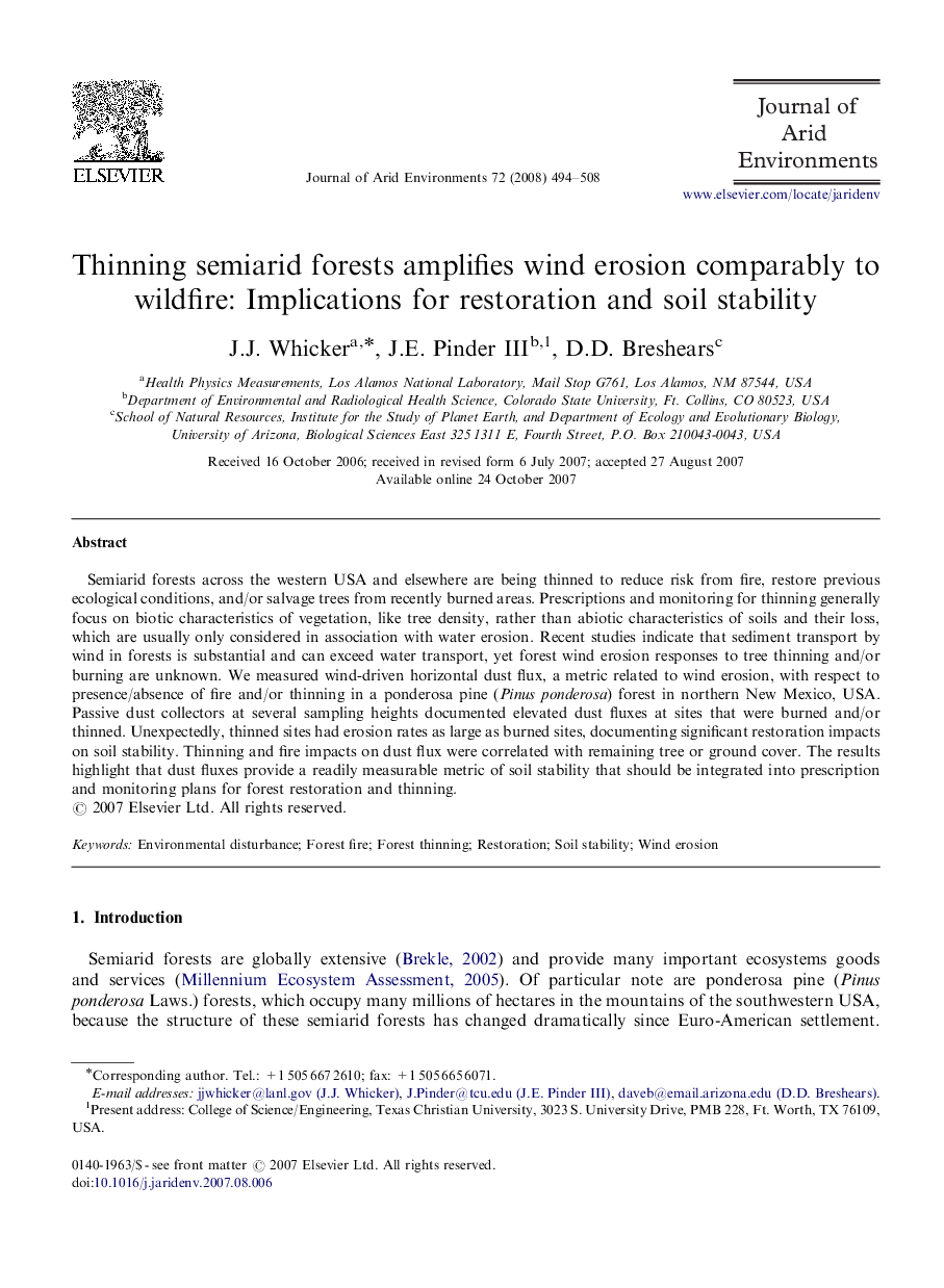 Thinning semiarid forests amplifies wind erosion comparably to wildfire: Implications for restoration and soil stability